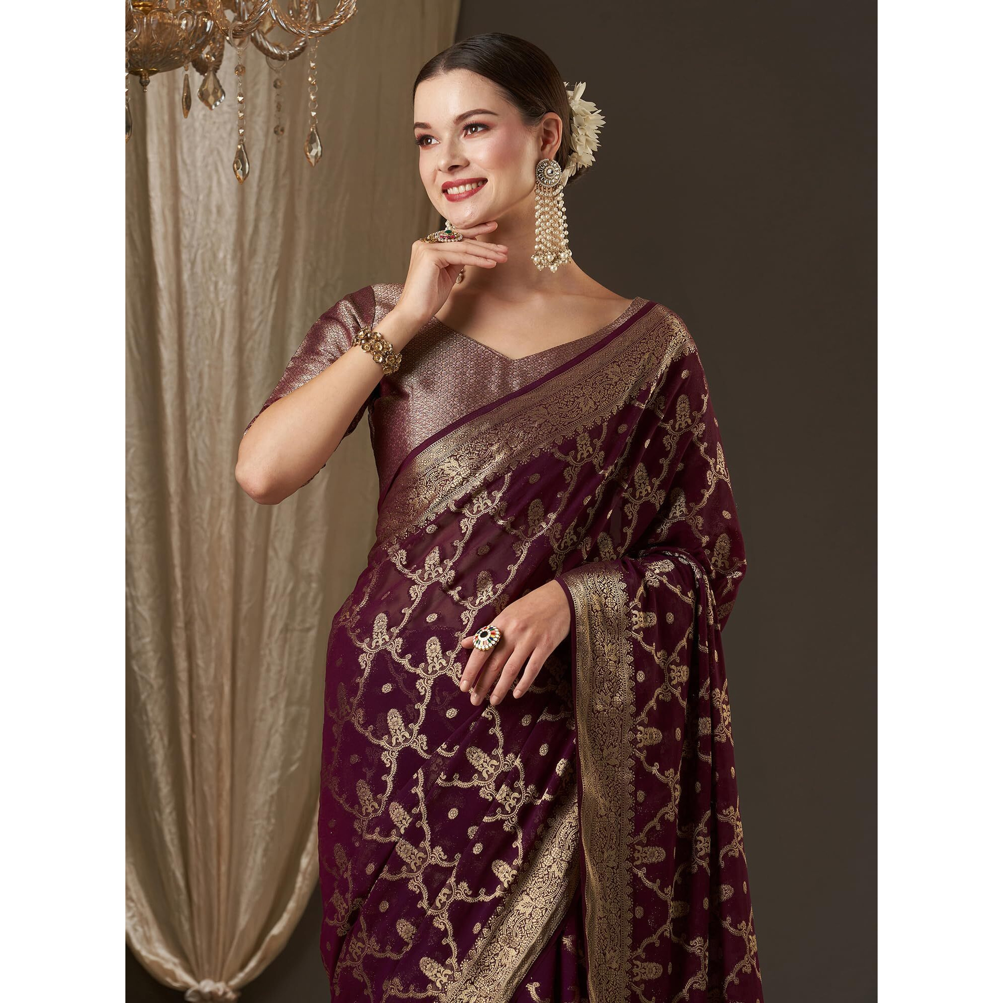 AKHILAM Womens Woven Design Ethnic Motif Georgette Kanjeevaram Saree With Unstiched Blouse Piece (Purple_ARYA8004_FL)