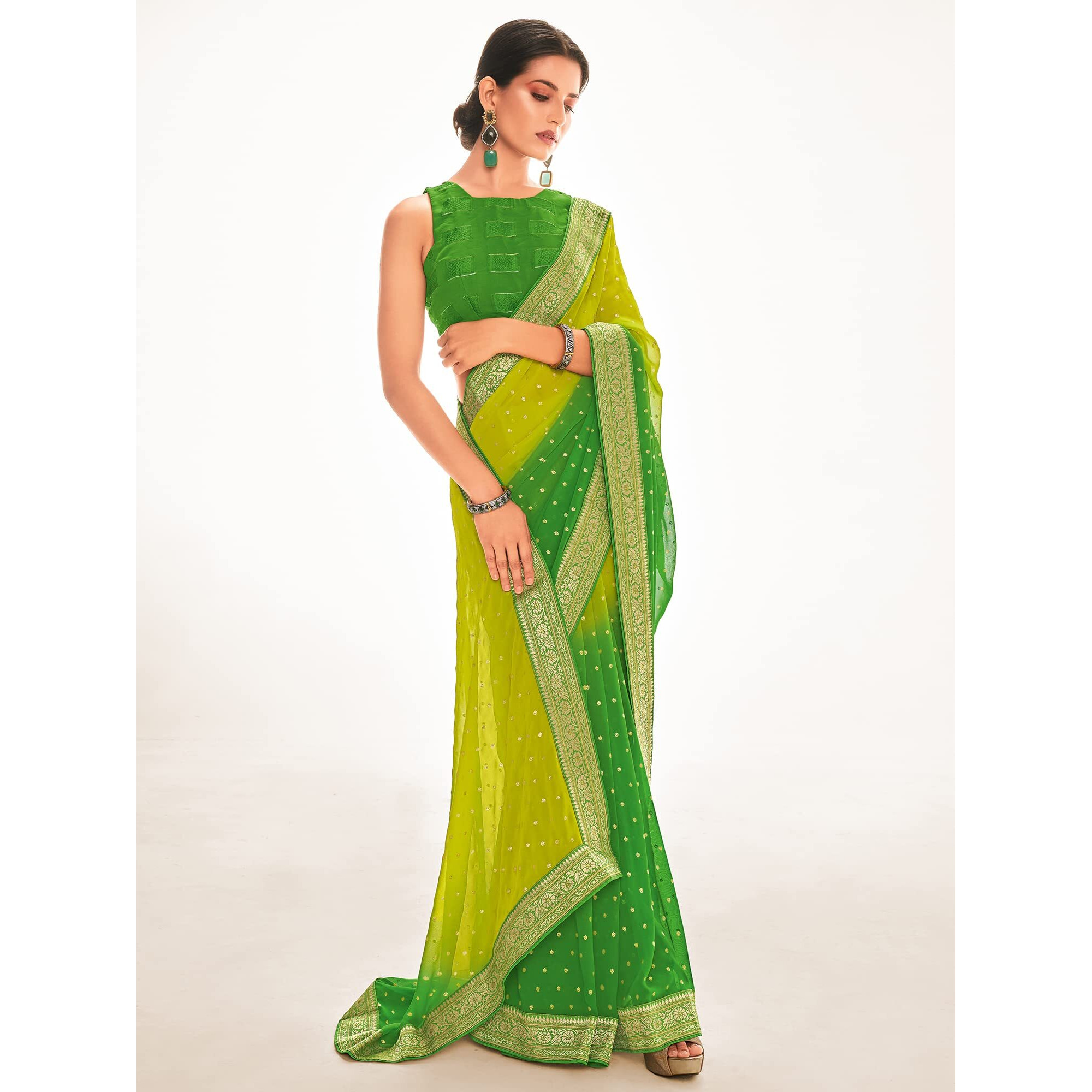 AKHILAM Womens Foil Printed Georgette Lace work Embellished Border Saree With Unstitched Blouse Piece (Lemon Green_RIHANA1002)