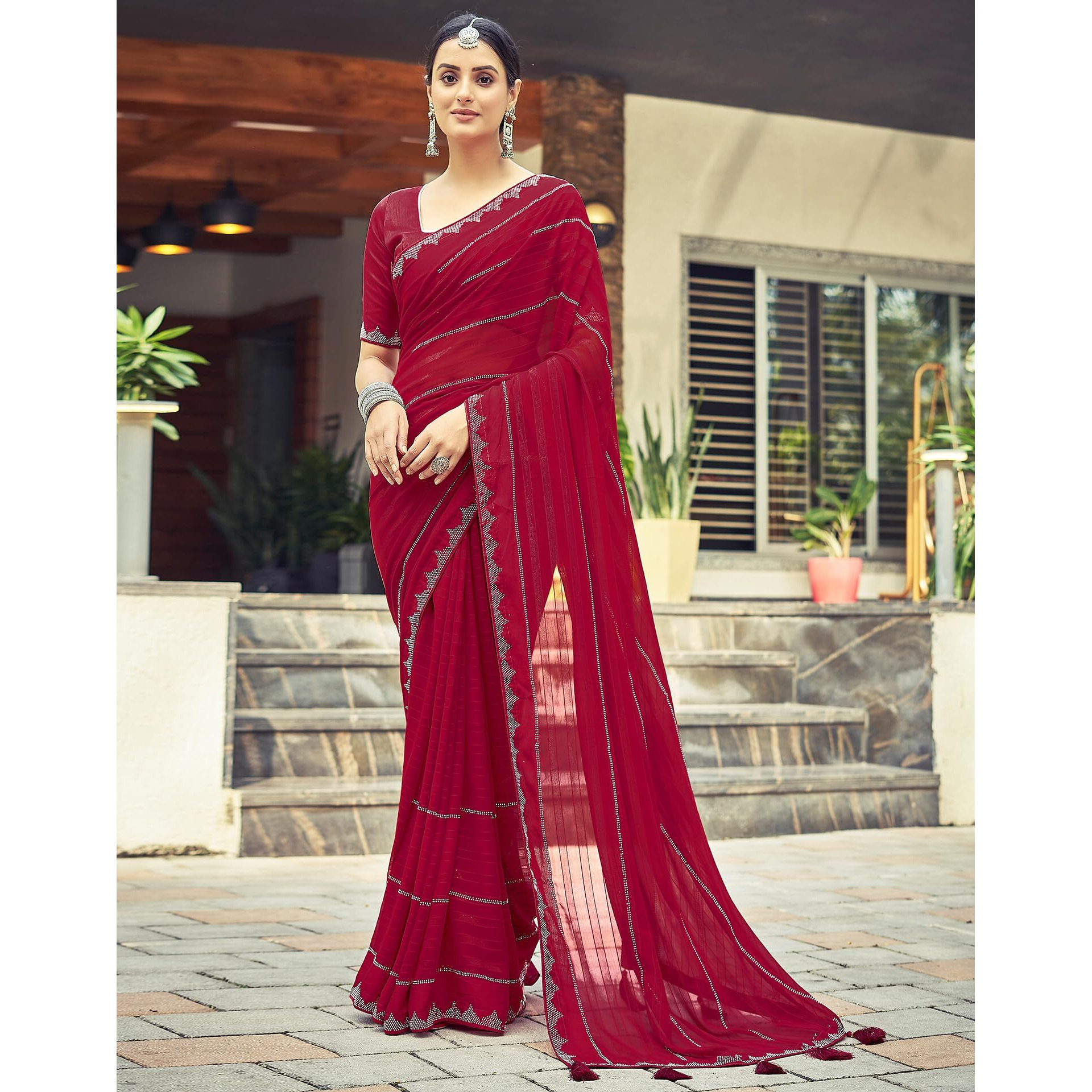 SIRIL Georgette Stone Work Saree for Women With Unstitched Blouse Piece (3432S301_Red)