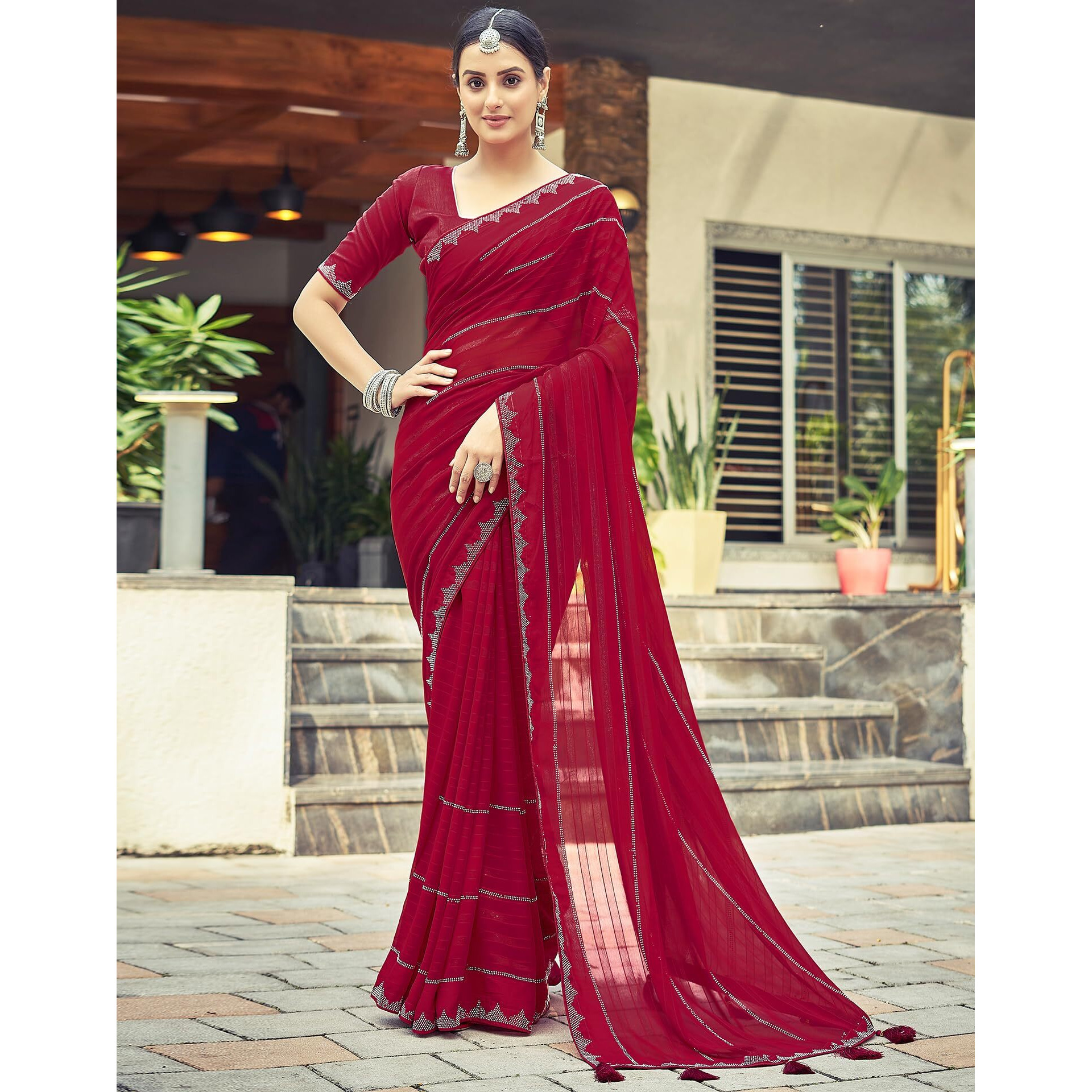 SIRIL Georgette Stone Work Saree for Women With Unstitched Blouse Piece (3432S301_Red)