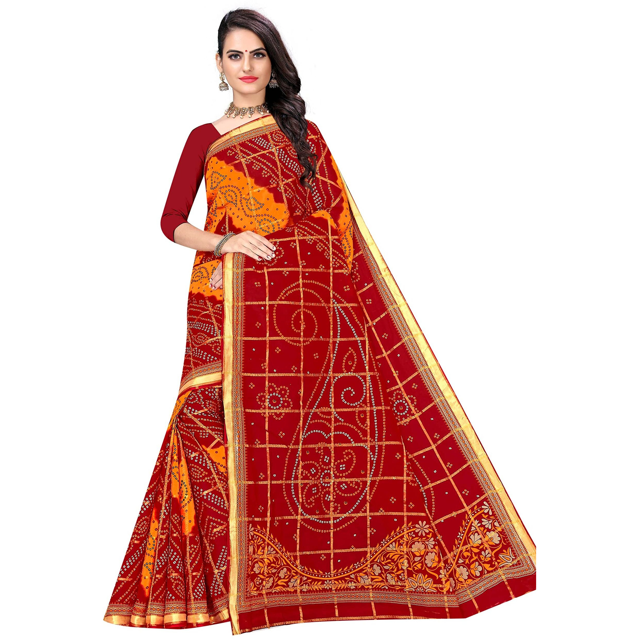 TAMAIRA FASHION Womens Pure Cotton Bandhani Saree Without Blouse Piece(2440_Red)