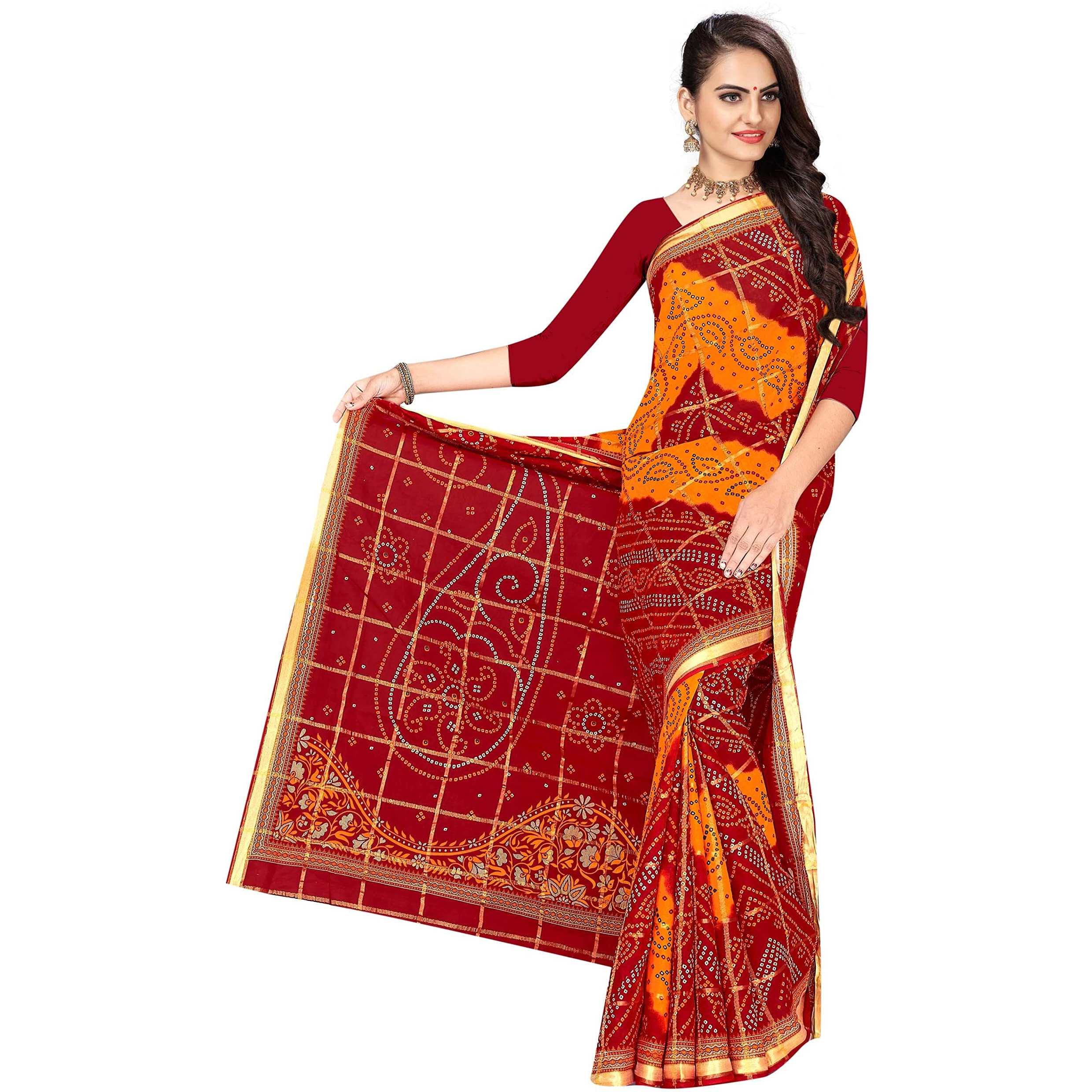 TAMAIRA FASHION Womens Pure Cotton Bandhani Saree Without Blouse Piece(2440_Red)