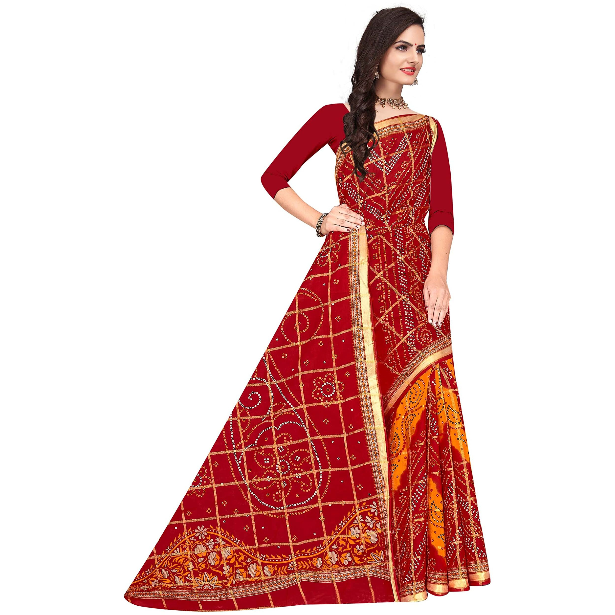 TAMAIRA FASHION Womens Pure Cotton Bandhani Saree Without Blouse Piece(2440_Red)