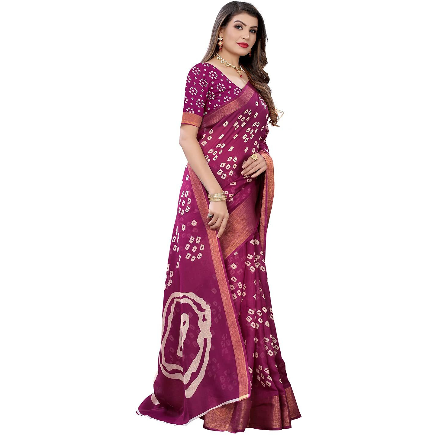 SIRIL Womens Bandhani Printed Jari Patta Cotton Saree with Blouse(1985S488_Purple)