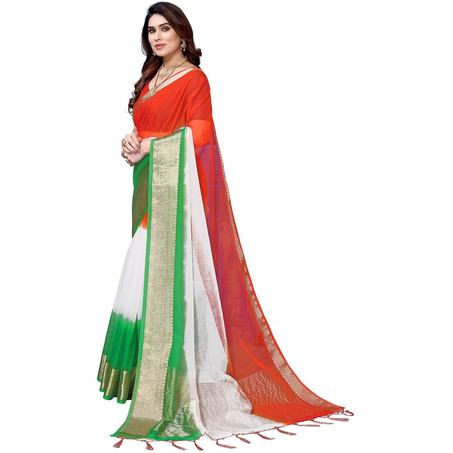 SIRIL Polyester Womens Printed Independence Day Tricolor Tiranga Oraganza Saree With Unstitched Blouse Piece (3193S281A_Multicolor)