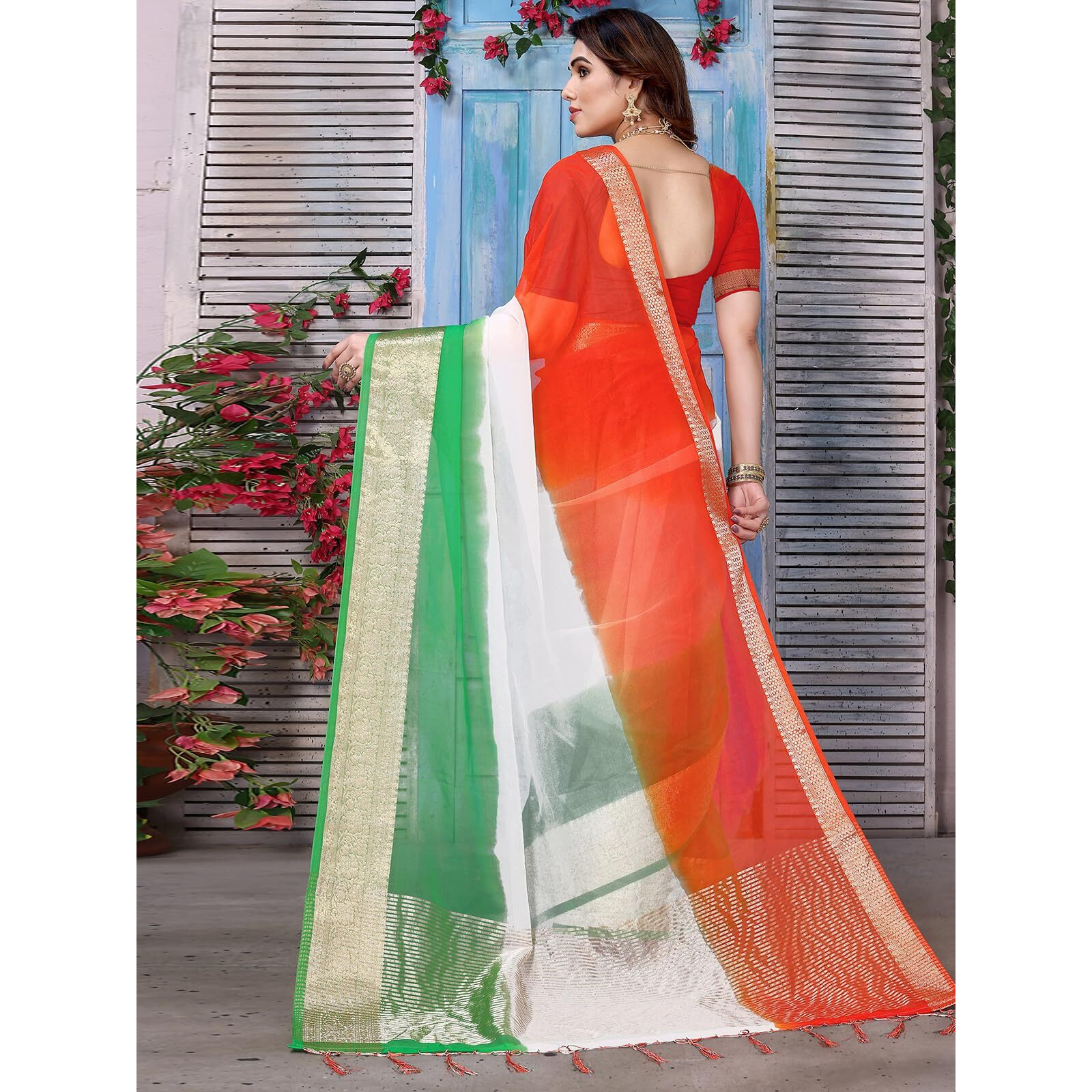 SIRIL Polyester Womens Printed Independence Day Tricolor Tiranga Oraganza Saree With Unstitched Blouse Piece (3193S281A_Multicolor)