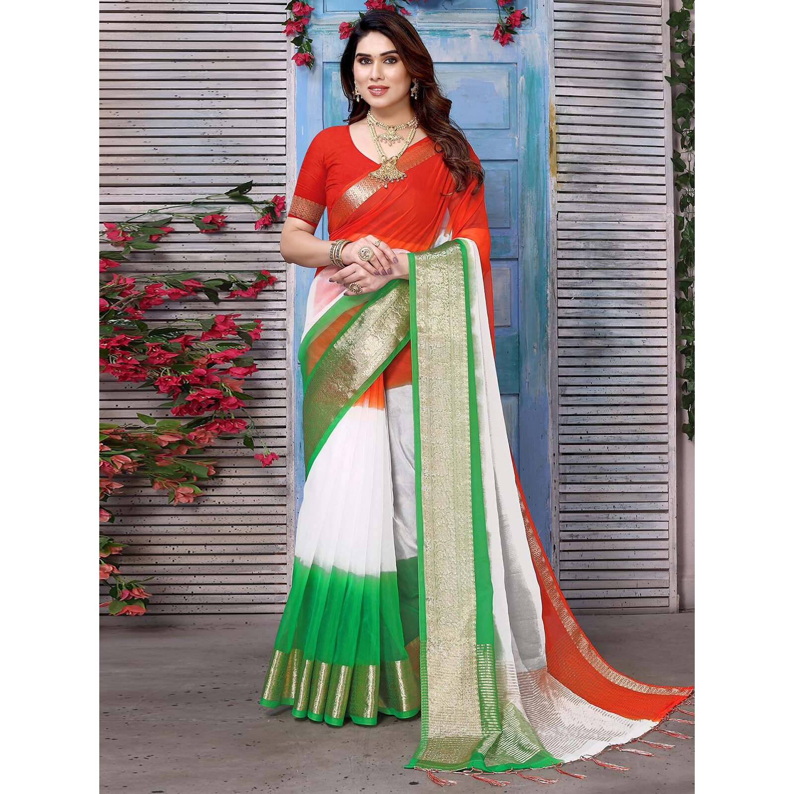 SIRIL Polyester Womens Printed Independence Day Tricolor Tiranga Oraganza Saree With Unstitched Blouse Piece (3193S281A_Multicolor)