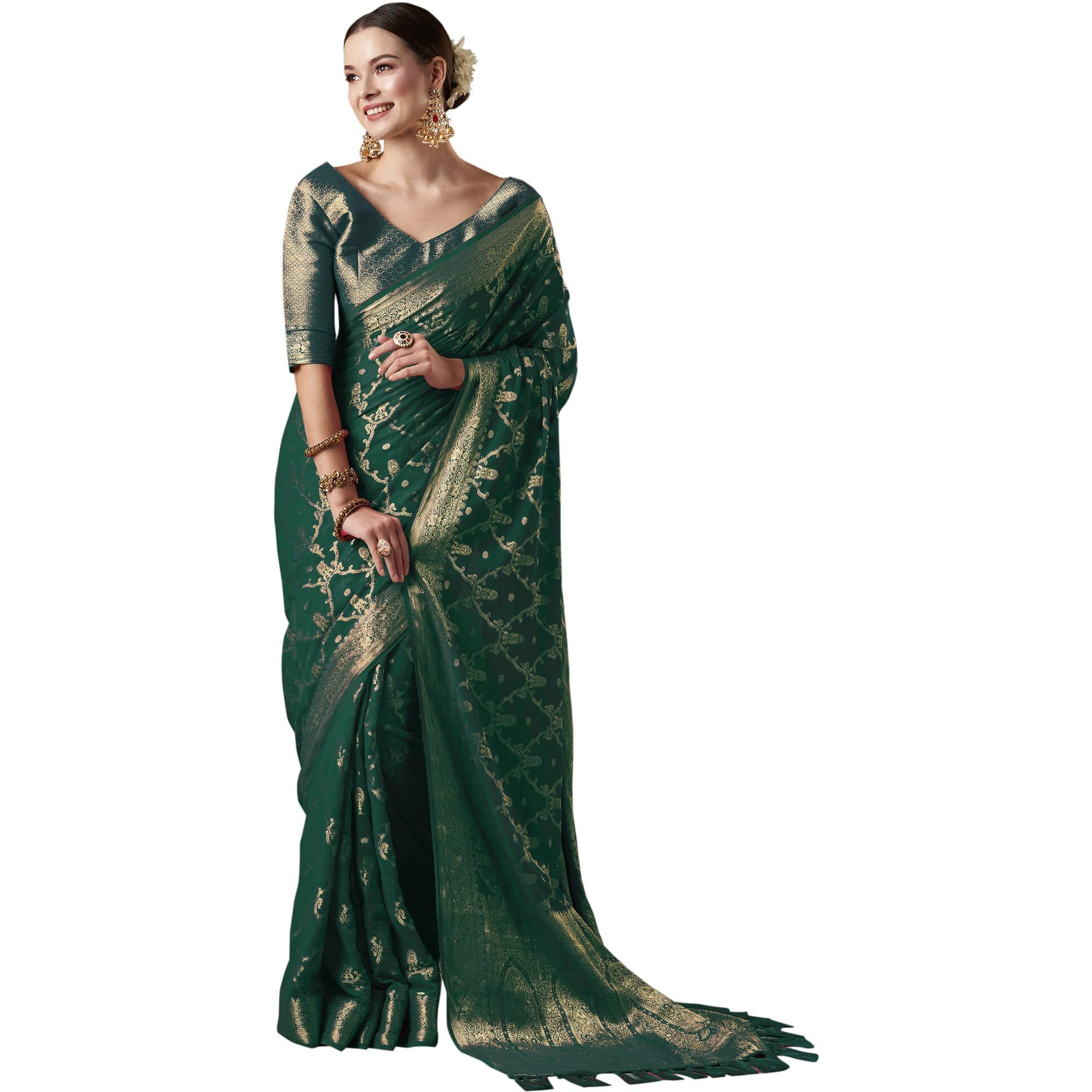 AKHILAM Womens Green Georgette Woven Design Saree with Unstitched Blouse Piece (ARYA8005_FL)