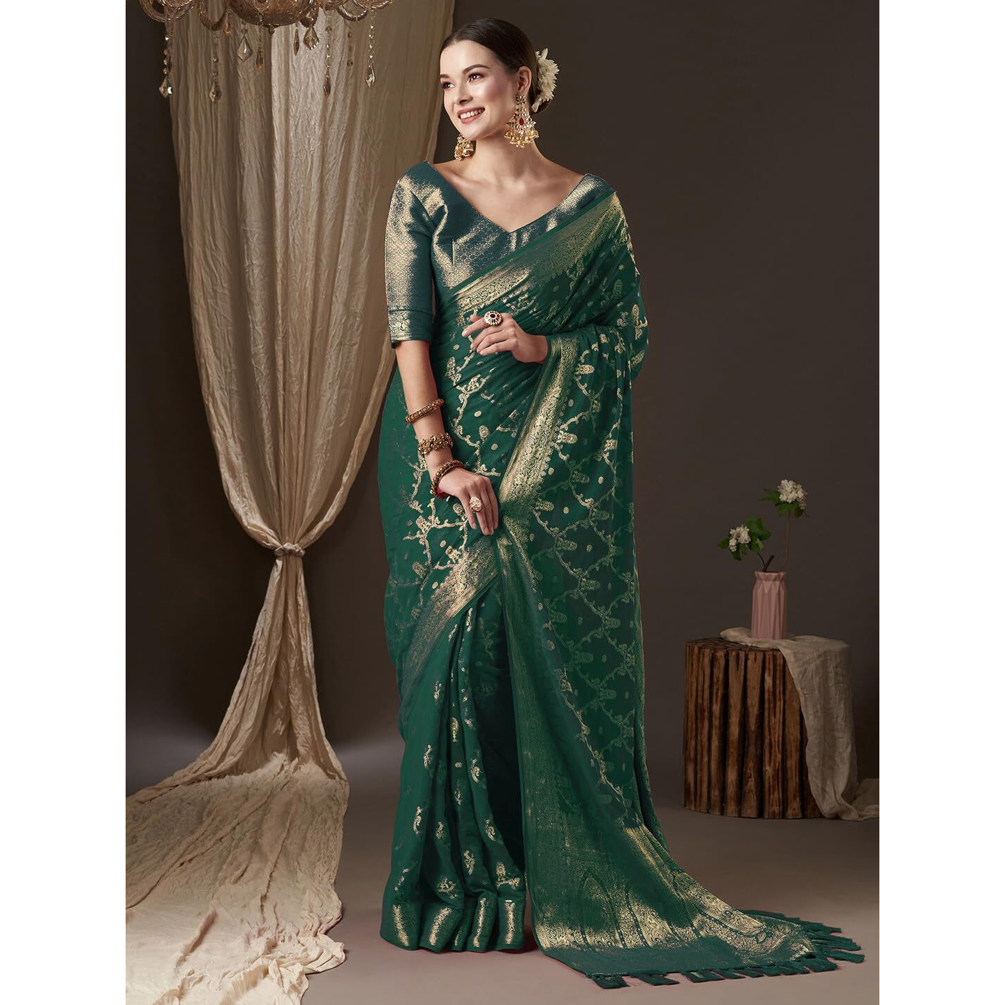 AKHILAM Womens Green Georgette Woven Design Saree with Unstitched Blouse Piece (ARYA8005_FL)