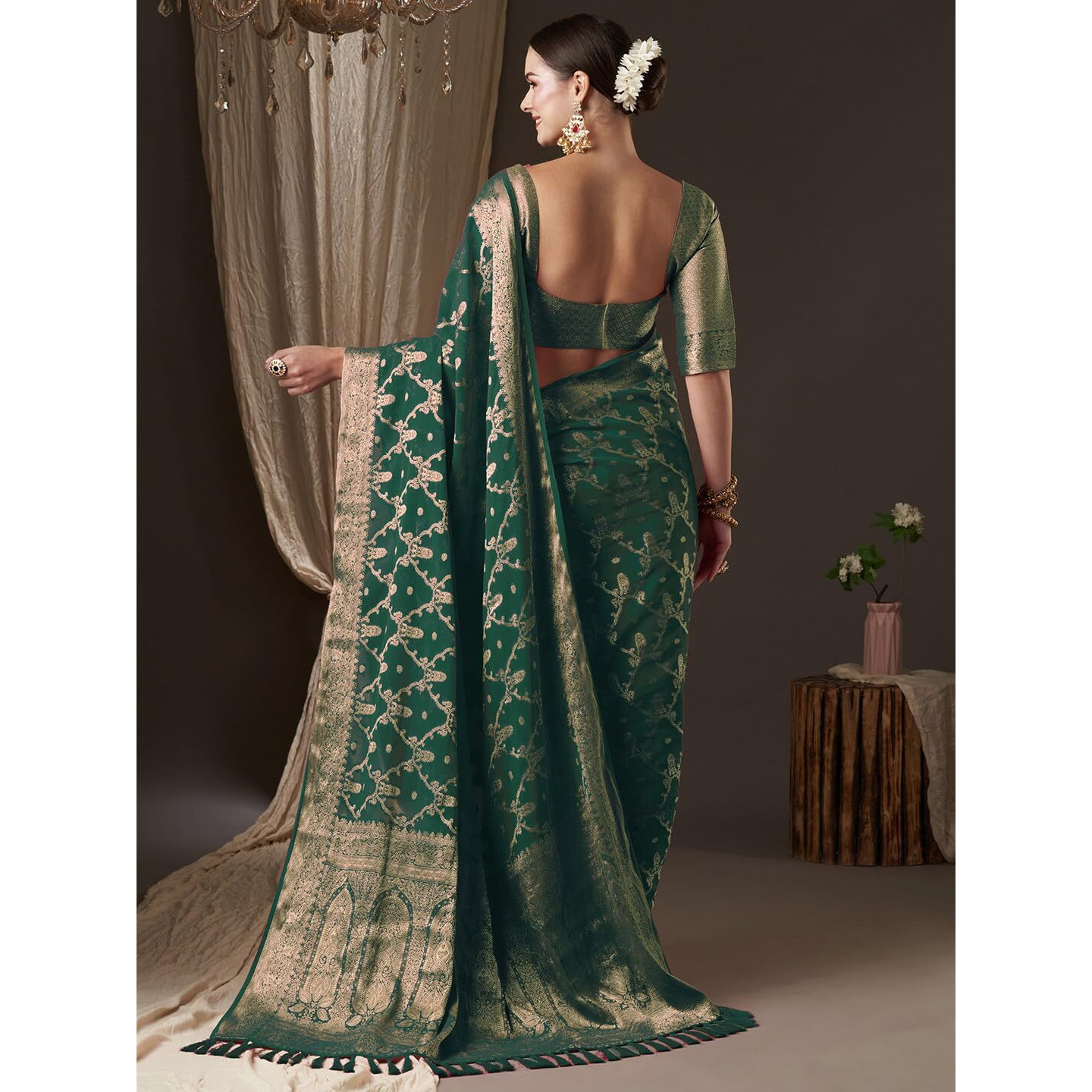 AKHILAM Womens Green Georgette Woven Design Saree with Unstitched Blouse Piece (ARYA8005_FL)