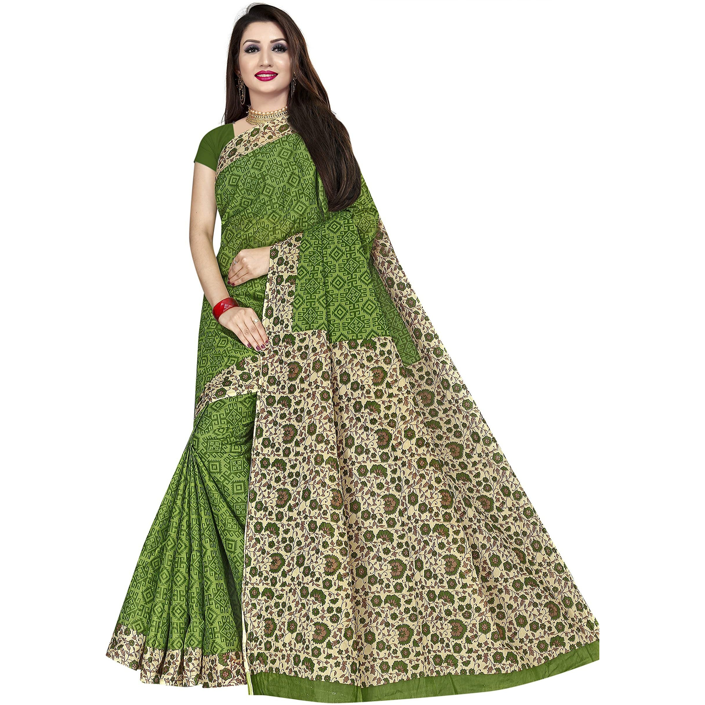 TAMAIRA FASHION Womens Plain Cotton Saree (AB16_Green)