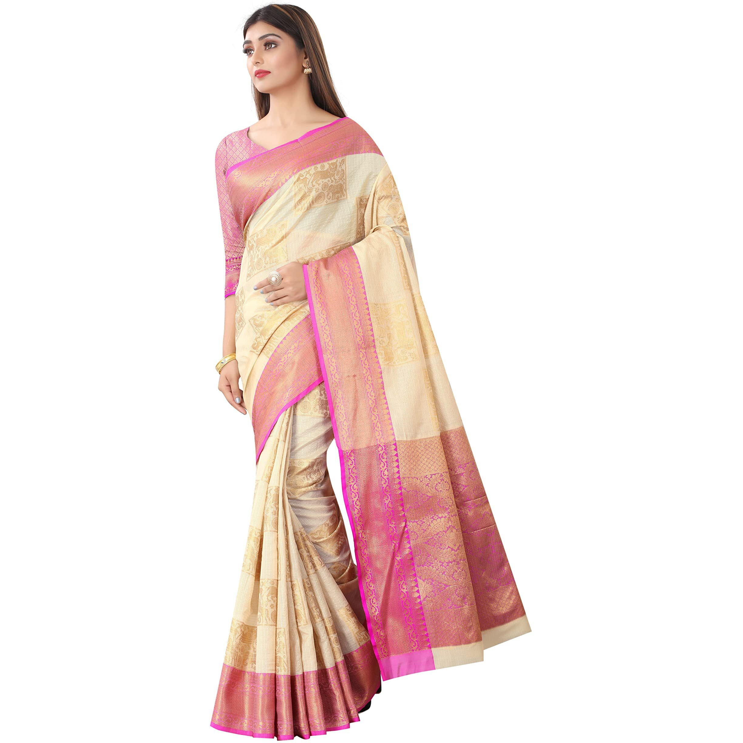 Enthone Womens Woven Banarasi Kanchipuram Art Silk Saree with Blouse Piece (SZWVTU-10 Beige)