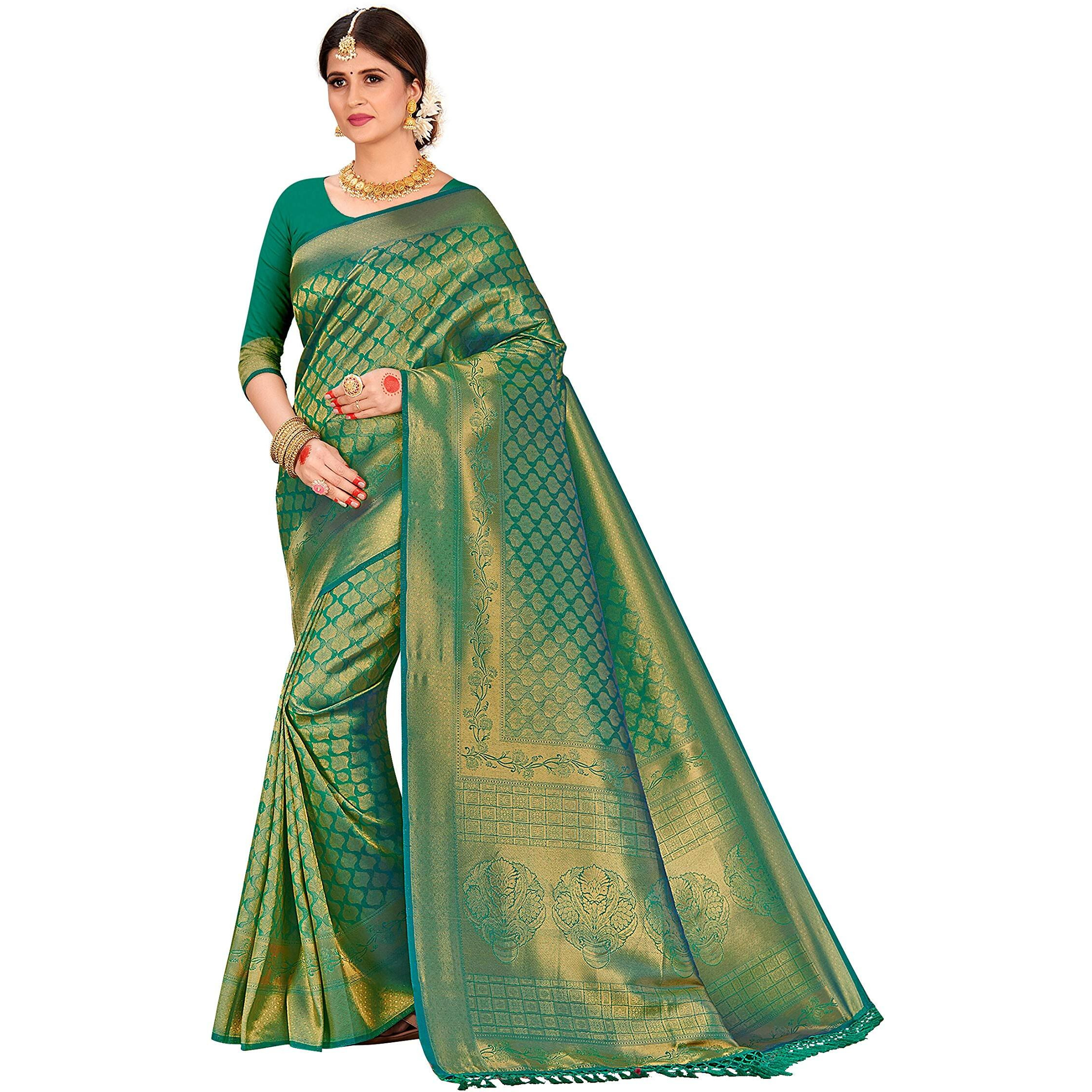 Vardha Womens Kanchipuram Raw Silk Saree with Unstitched Blouse Piece - Zari Woven Work Sarees for Wedding (Kyra Silk, 355, Teal Green)