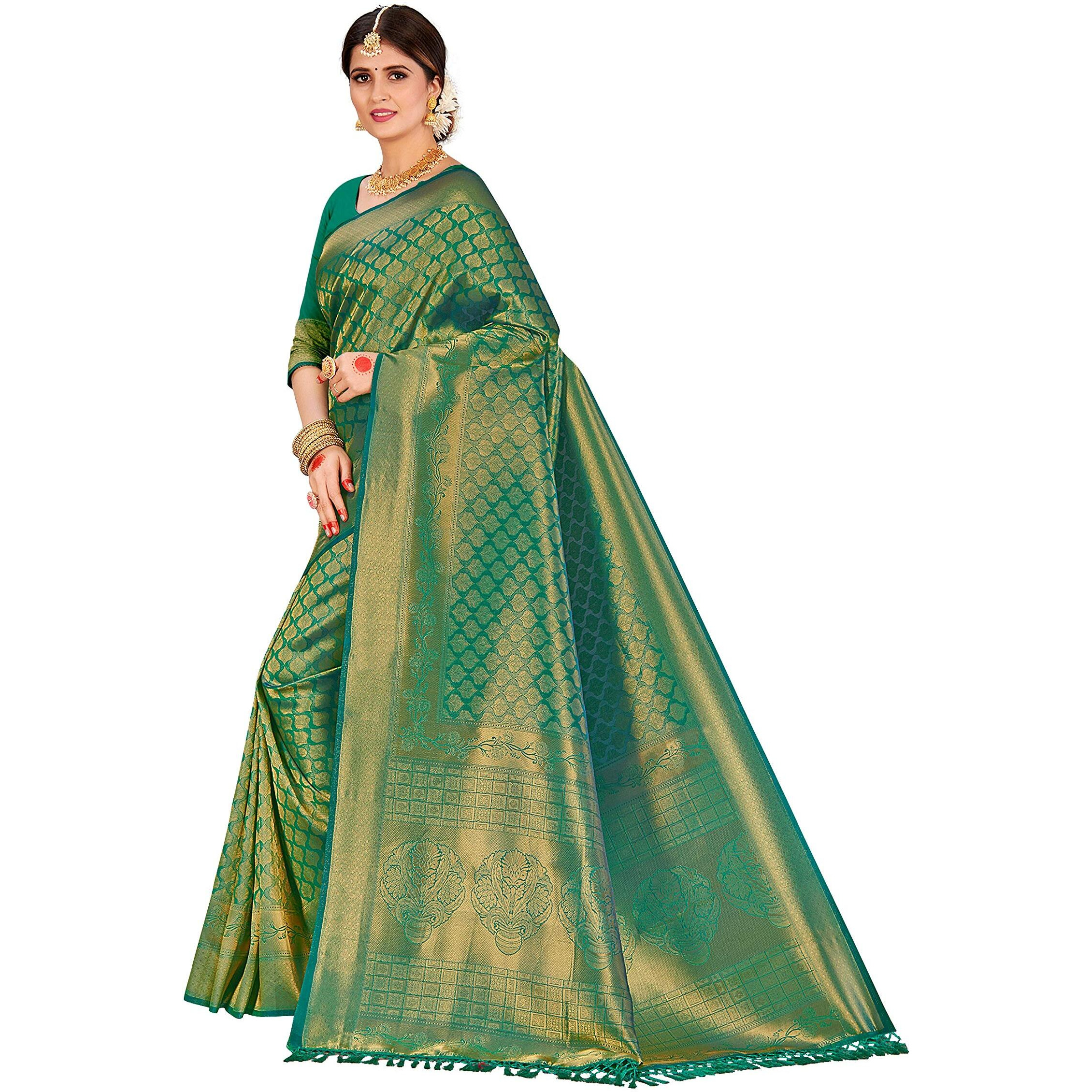 Vardha Womens Kanchipuram Raw Silk Saree with Unstitched Blouse Piece - Zari Woven Work Sarees for Wedding (Kyra Silk, 355, Teal Green)