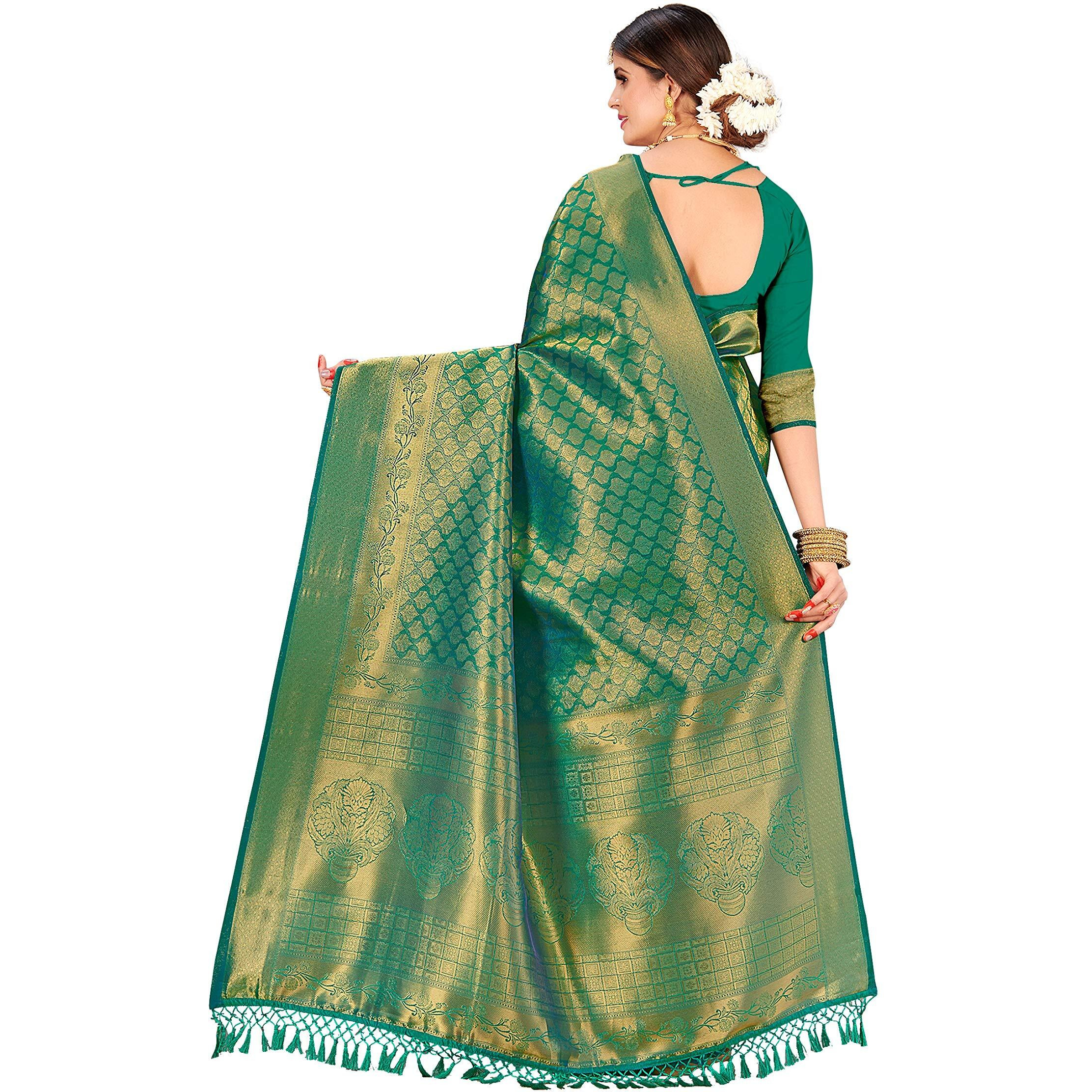 Vardha Womens Kanchipuram Raw Silk Saree with Unstitched Blouse Piece - Zari Woven Work Sarees for Wedding (Kyra Silk, 355, Teal Green)