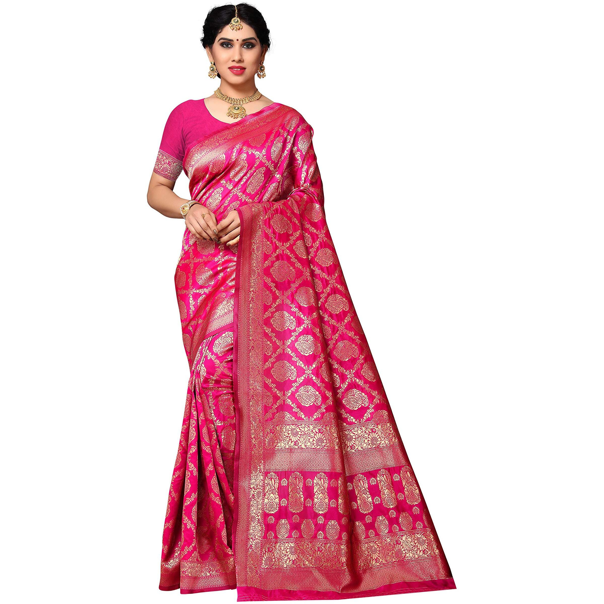 Sidhidata Textile Womens Kanjivaram Banarasi Jacquard Silk Saree With Blouse Piece (Silk Keri Pink_Pink_Free Size)