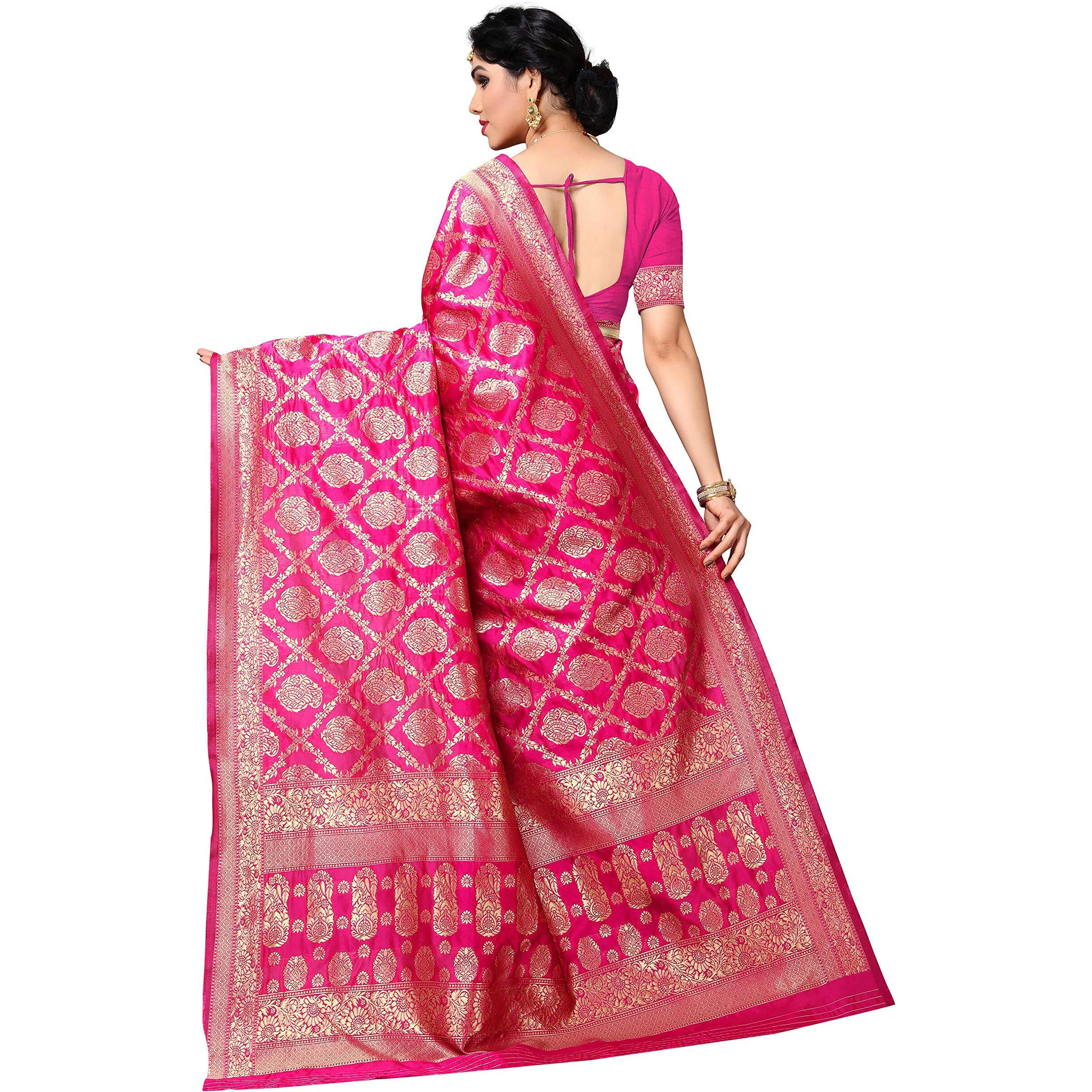 Sidhidata Textile Womens Kanjivaram Banarasi Jacquard Silk Saree With Blouse Piece (Silk Keri Pink_Pink_Free Size)