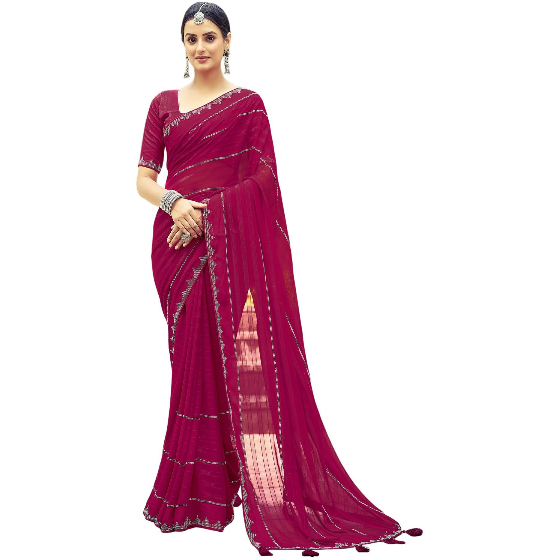 SIRIL Georgette Stone Work Saree for Women With Unstitched Blouse Piece (3432S305_Pink)