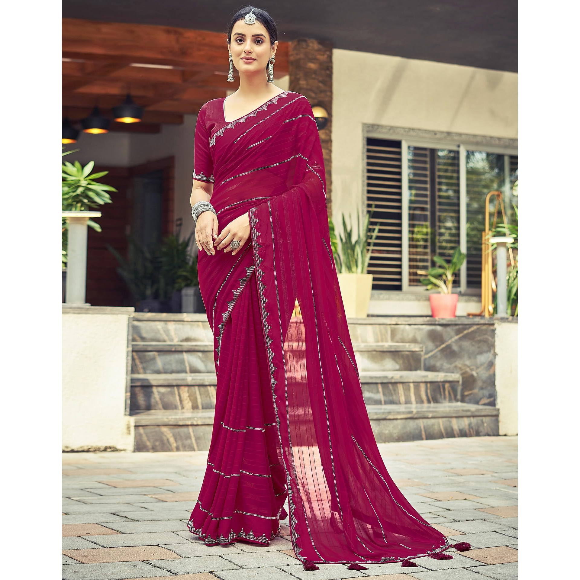 SIRIL Georgette Stone Work Saree for Women With Unstitched Blouse Piece (3432S305_Pink)