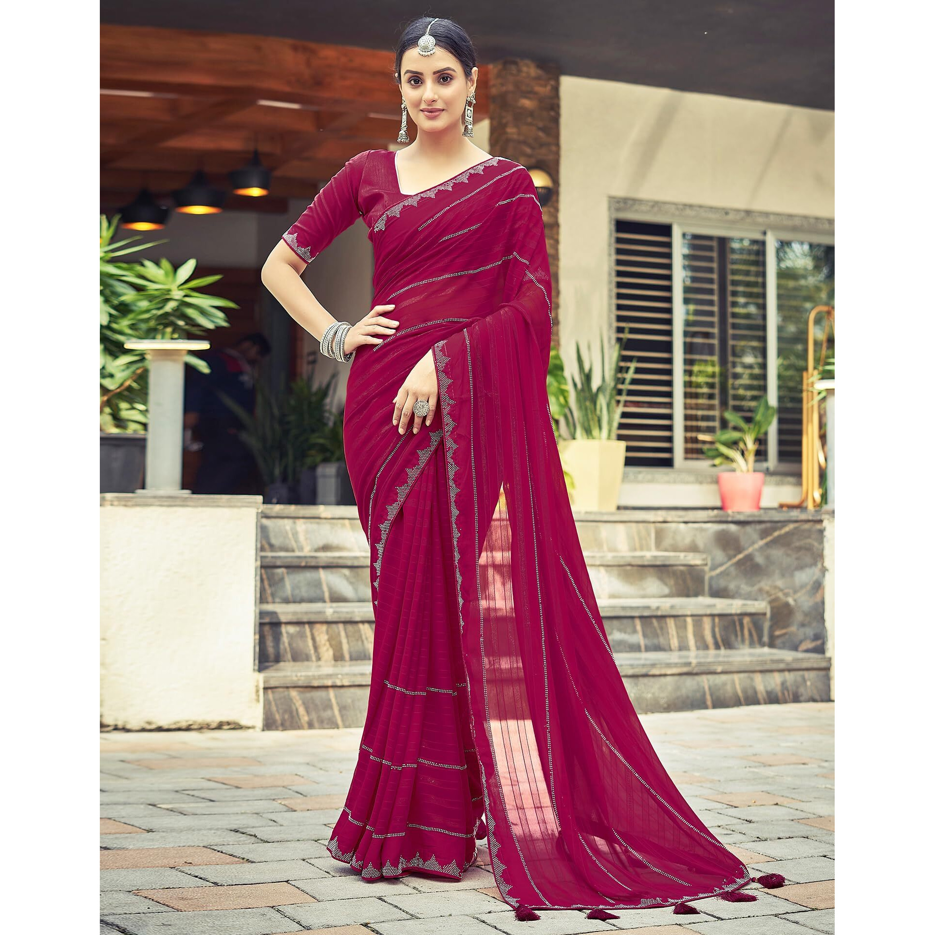 SIRIL Georgette Stone Work Saree for Women With Unstitched Blouse Piece (3432S305_Pink)