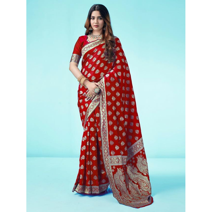 SAMAH Womens Art Silk Banarasi Jacquard Saree with Unstitched Blouse Piece (3409S105N_Red & Gold1)