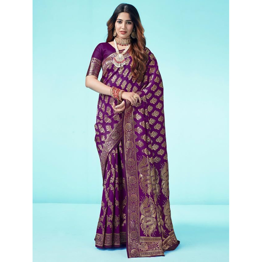 SAMAH Womens Art Silk Banarasi Jacquard Saree with Unstitched Blouse Piece (3409S108N_Dark Purple & Gold3)