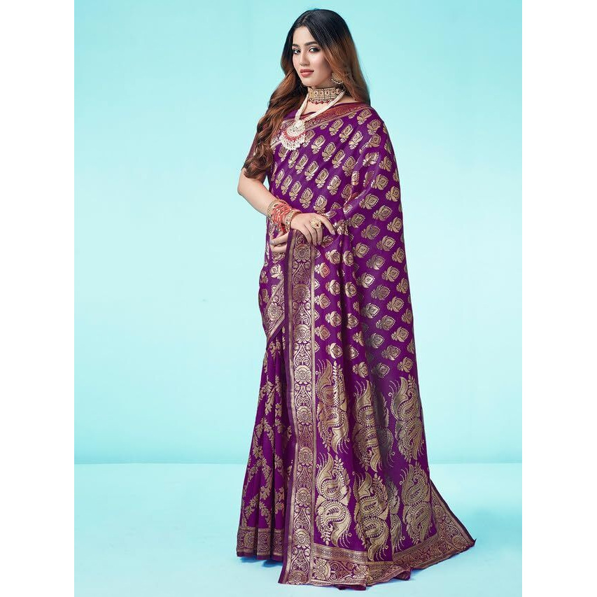 SAMAH Womens Art Silk Banarasi Jacquard Saree with Unstitched Blouse Piece (3409S108N_Dark Purple & Gold3)