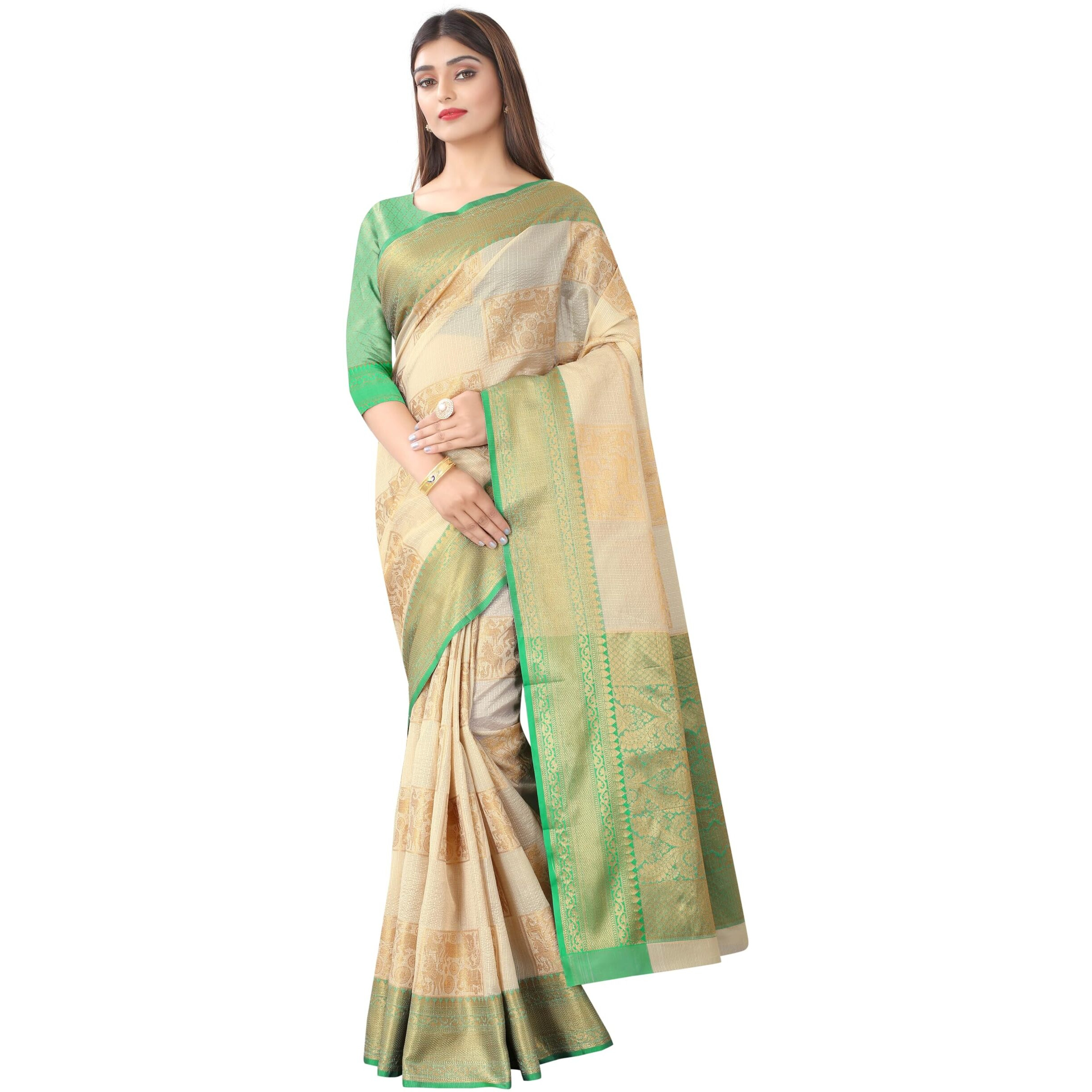 Enthone Womens Tusser Silk Kota Checks Saree With Unstitched Blouse Piece(Beige & Green)