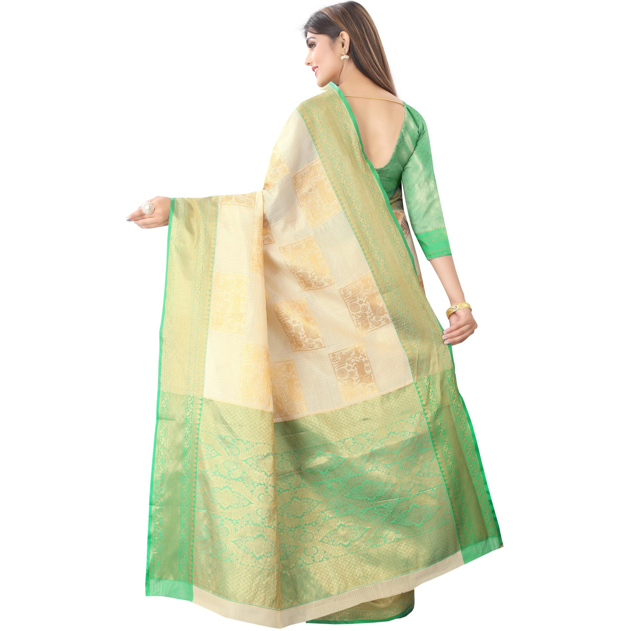 Enthone Womens Tusser Silk Kota Checks Saree With Unstitched Blouse Piece(Beige & Green)