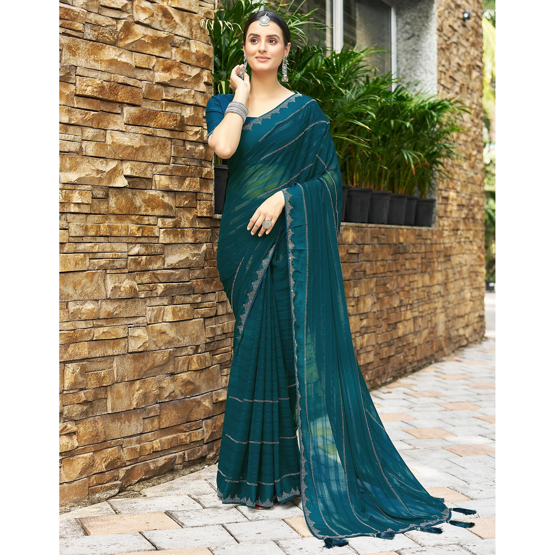 SIRIL Georgette Stone Work Saree for Women With Unstitched Blouse Piece (3432S304_Teal Blue)