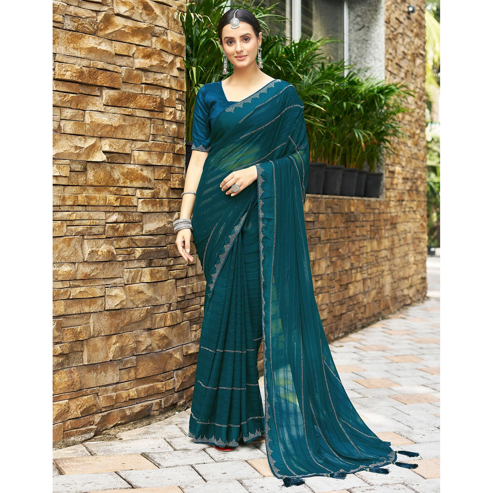 SIRIL Georgette Stone Work Saree for Women With Unstitched Blouse Piece (3432S304_Teal Blue)