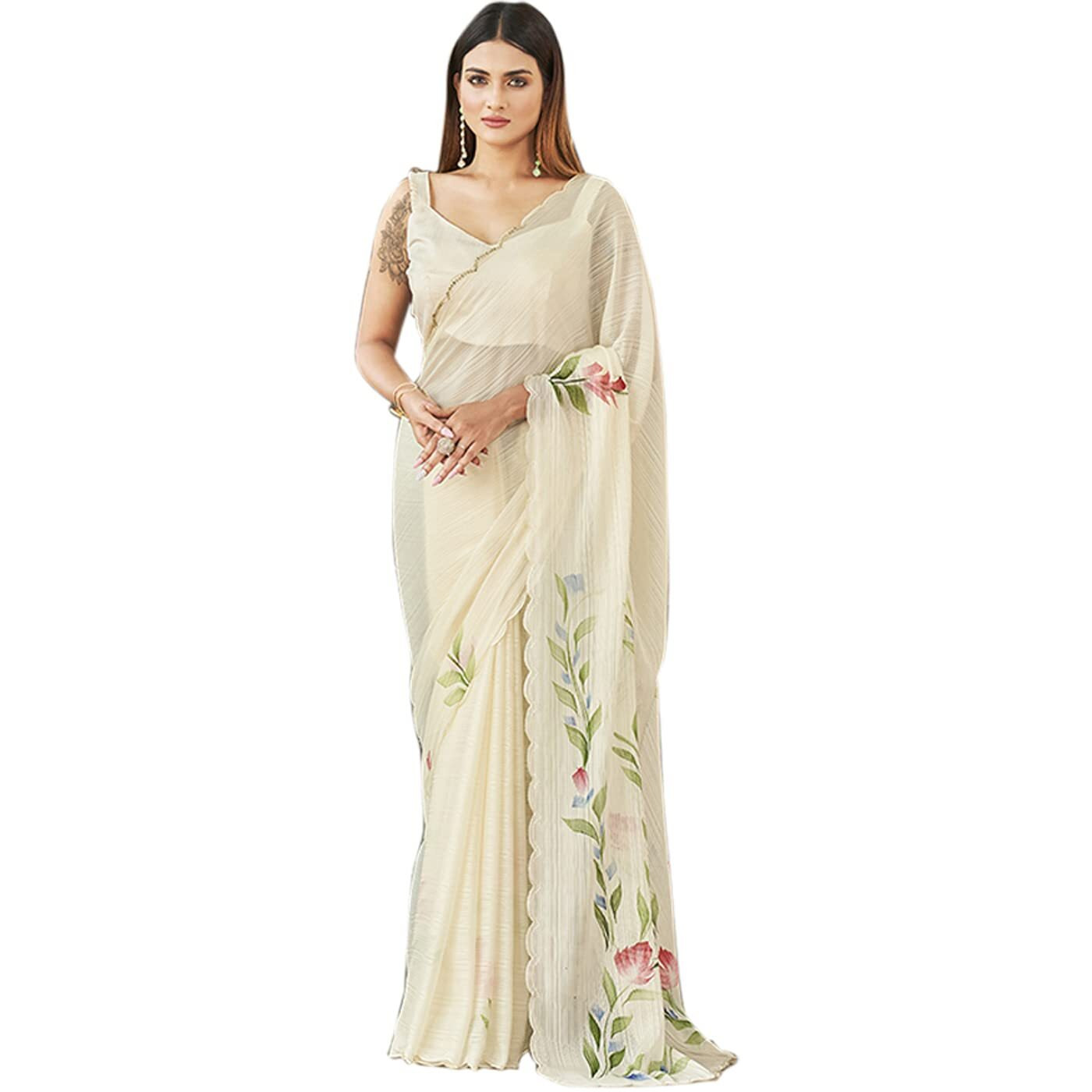 Womanista Womens Satin Hand Print Saree for Women | Fancy Floral Print Striped Saree (TI3313_Cream)