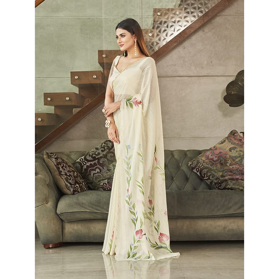 Womanista Womens Satin Hand Print Saree for Women | Fancy Floral Print Striped Saree (TI3313_Cream)