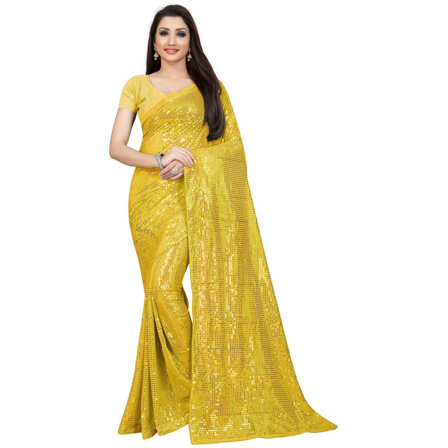 Florely Womens Pure Georgette sequence saree with unstiched blouse piece(Free size) (Yellow)