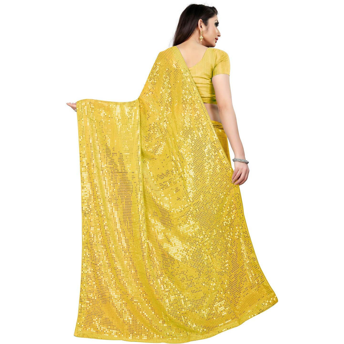 Florely Womens Pure Georgette sequence saree with unstiched blouse piece(Free size) (Yellow)