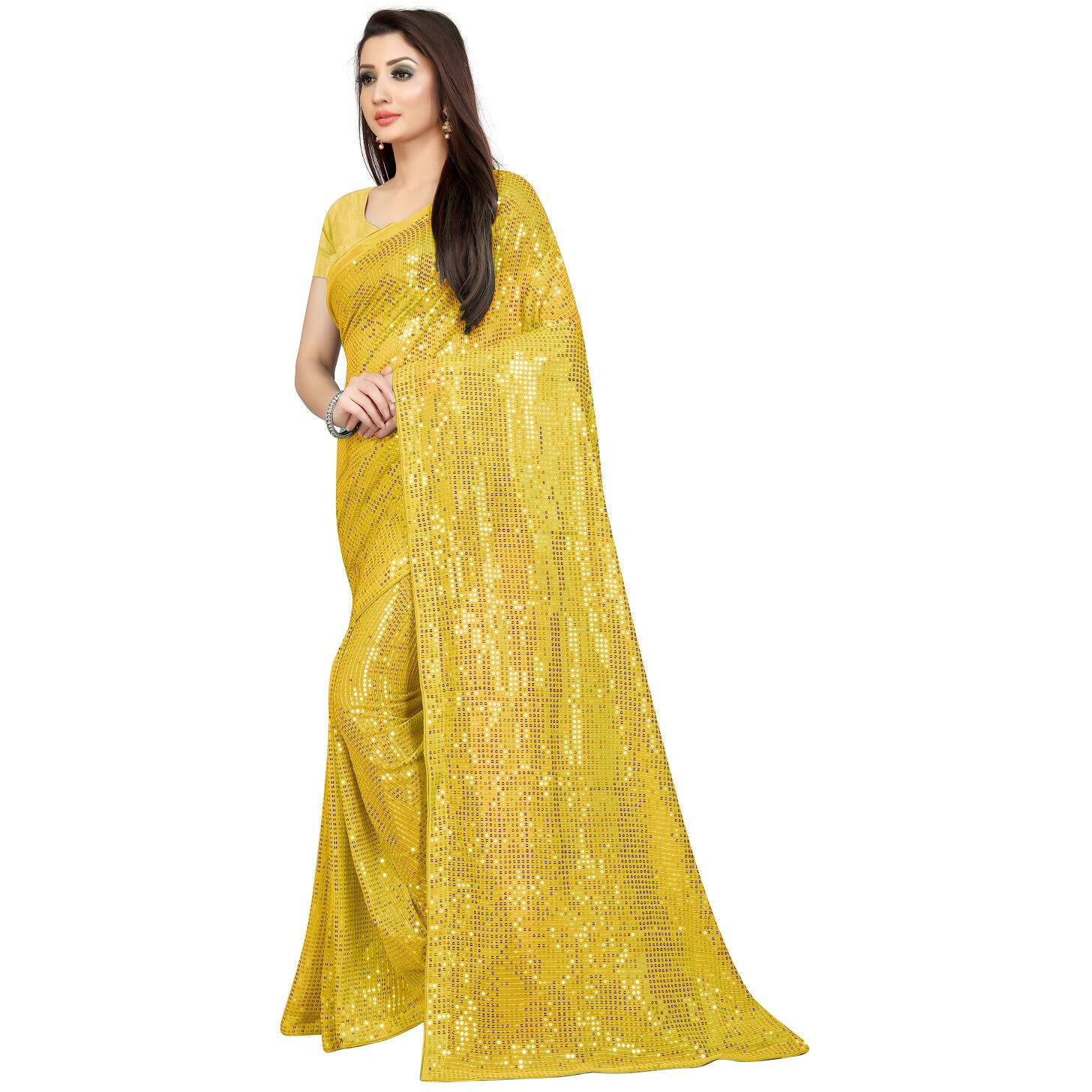 Florely Womens Pure Georgette sequence saree with unstiched blouse piece(Free size) (Yellow)