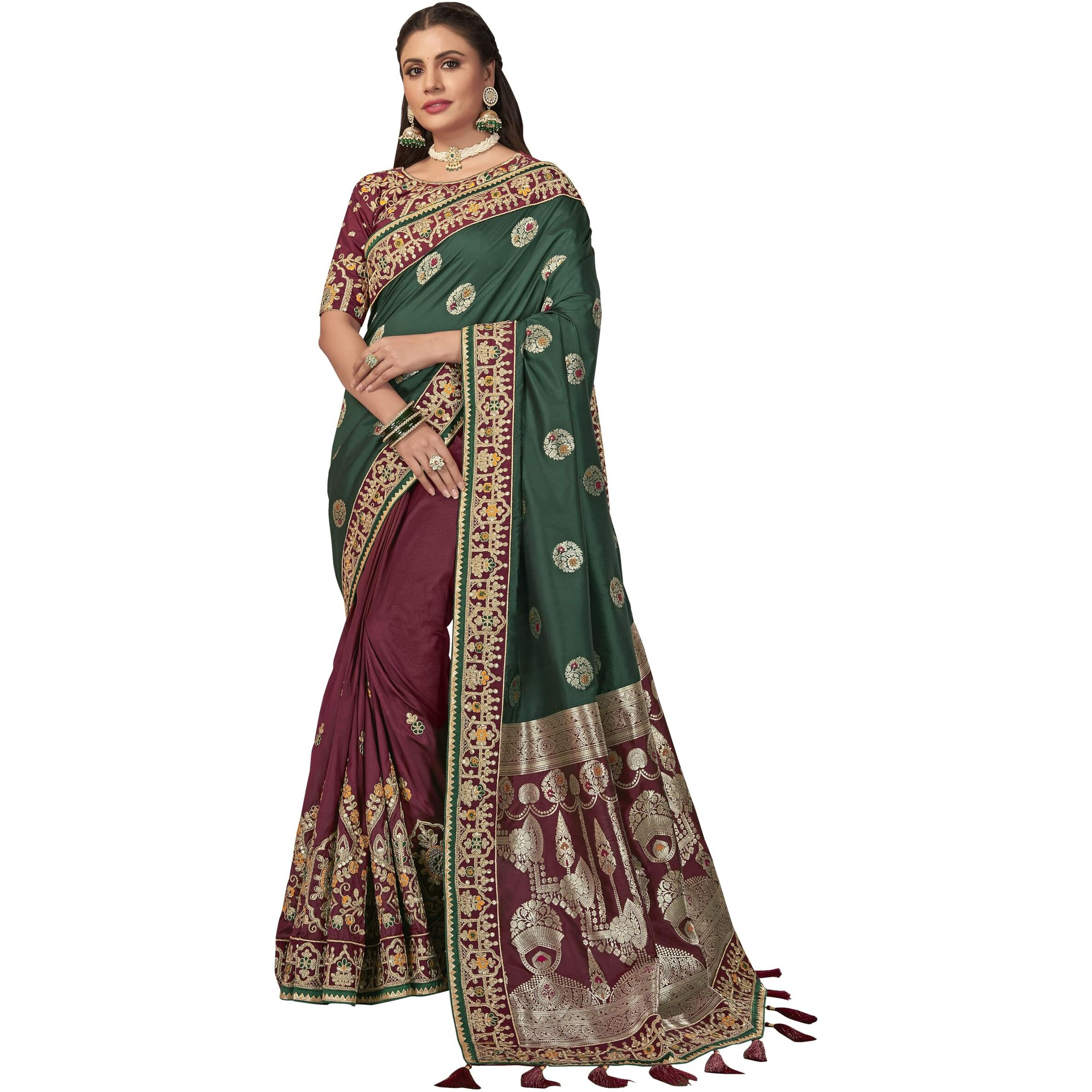 MANOHARI Banarasi Silk Woven Saree With Heavy Embroidery Blouse Piece_Mn1876 - Women, Green