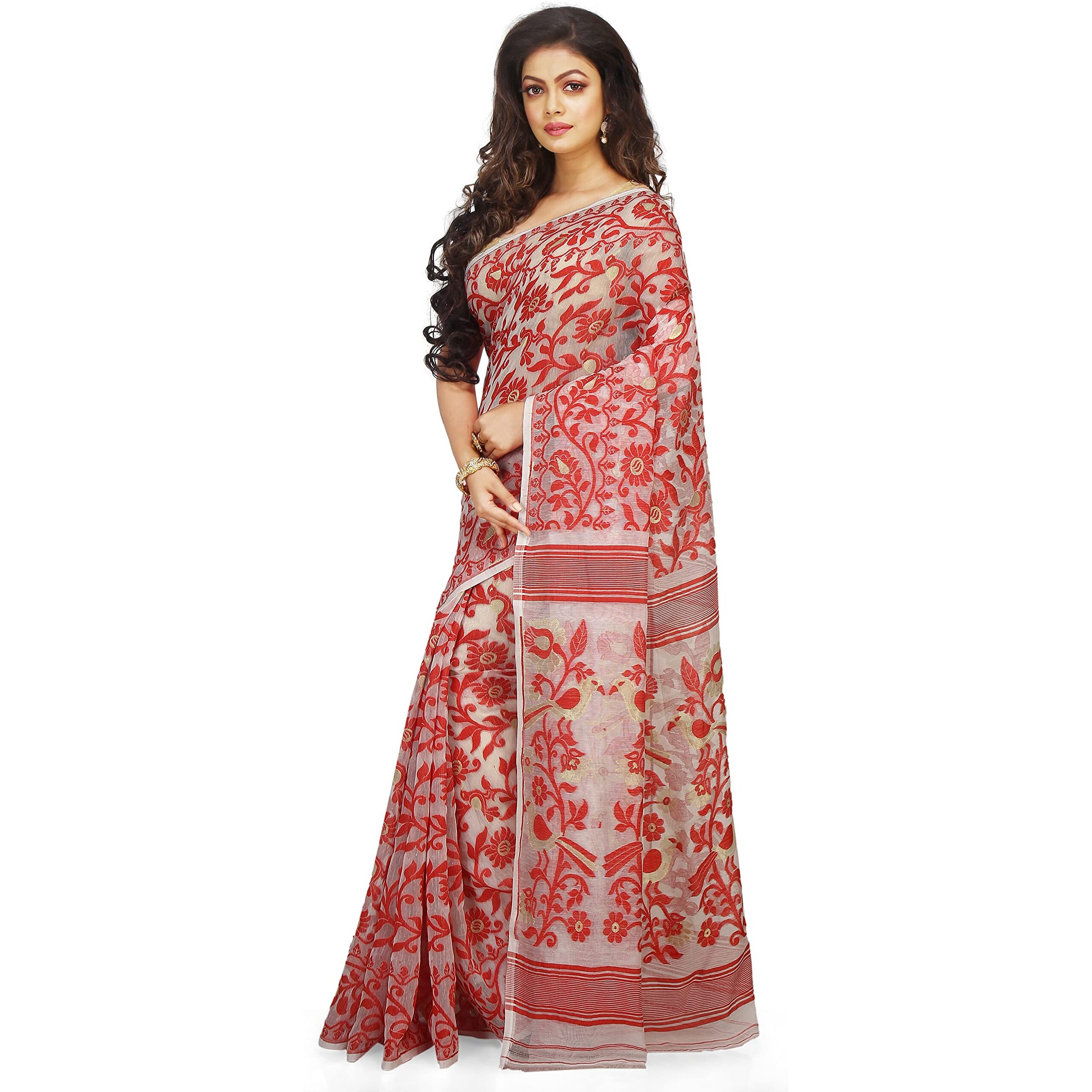 BENGAL HANDLOOM Cotton Exclusive Womens Dhakai Allover Soft Pakhi Jamdani Saree Without Blouse Piece(Color- White Red)