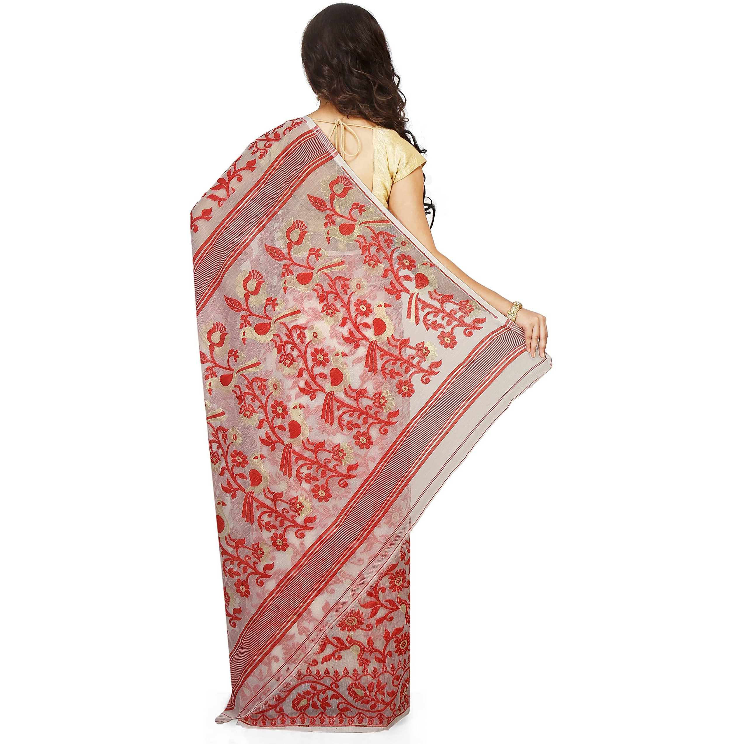 BENGAL HANDLOOM Cotton Exclusive Womens Dhakai Allover Soft Pakhi Jamdani Saree Without Blouse Piece(Color- White Red)