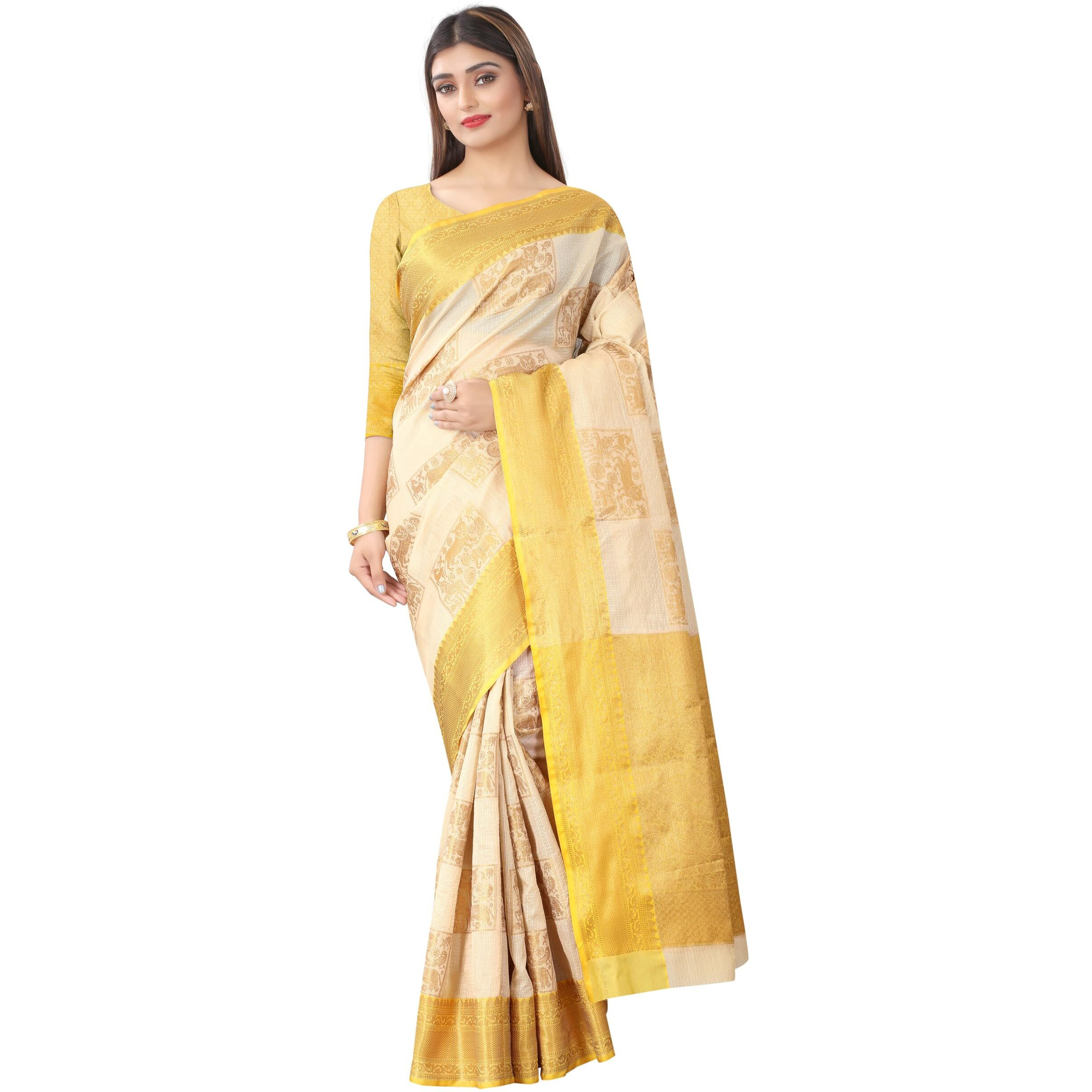 Enthone Womens Tusser Silk Kota Checks Saree With Unstitched Blouse Piece(Beige & Yellow)