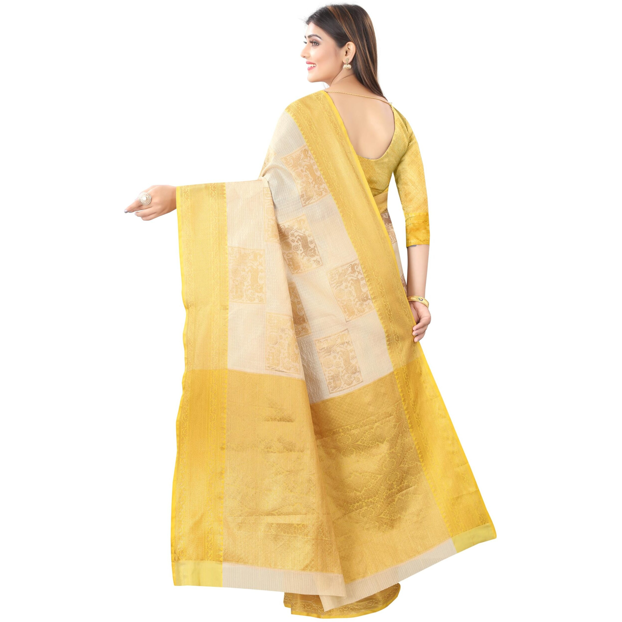 Enthone Womens Tusser Silk Kota Checks Saree With Unstitched Blouse Piece(Beige & Yellow)