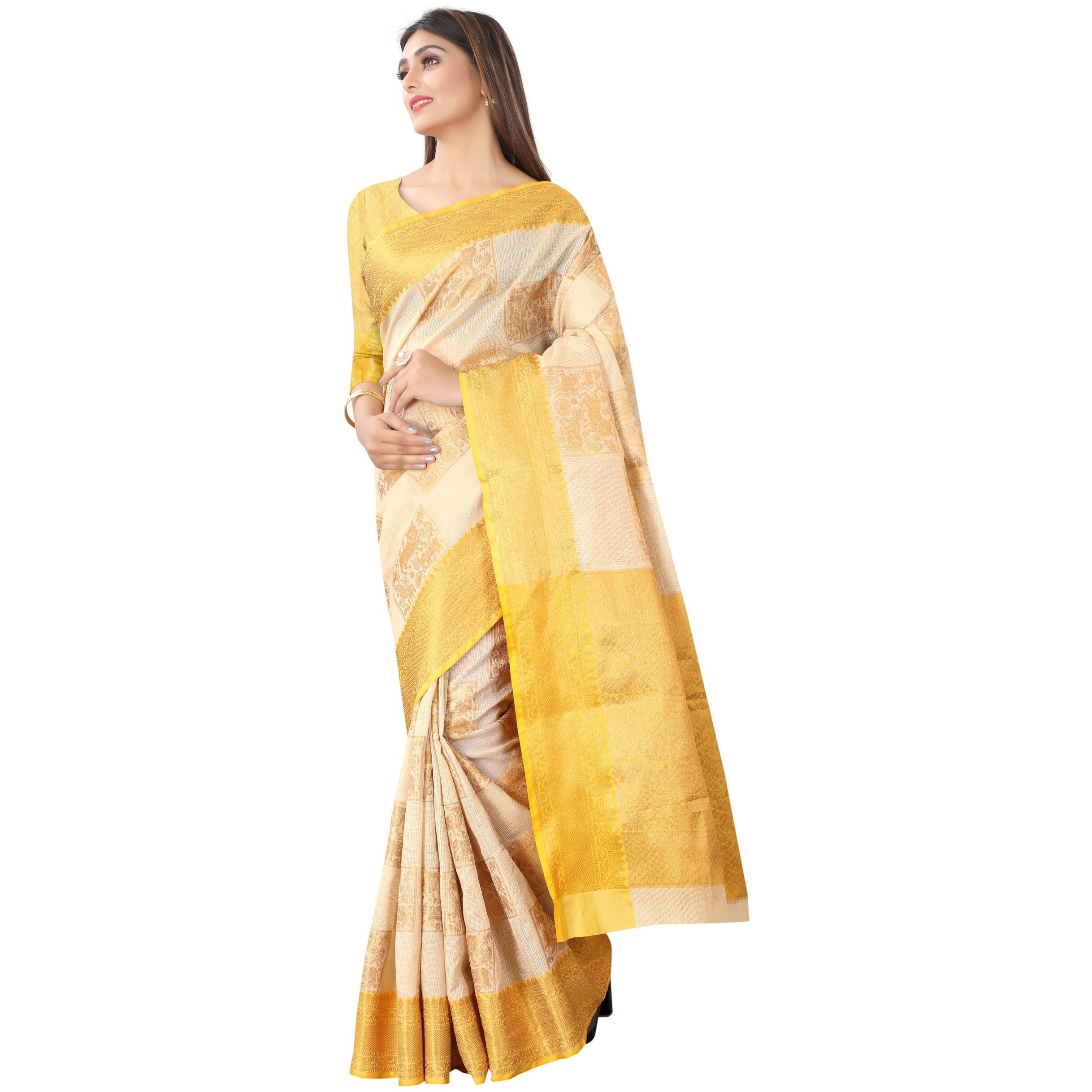 Enthone Womens Tusser Silk Kota Checks Saree With Unstitched Blouse Piece(Beige & Yellow)