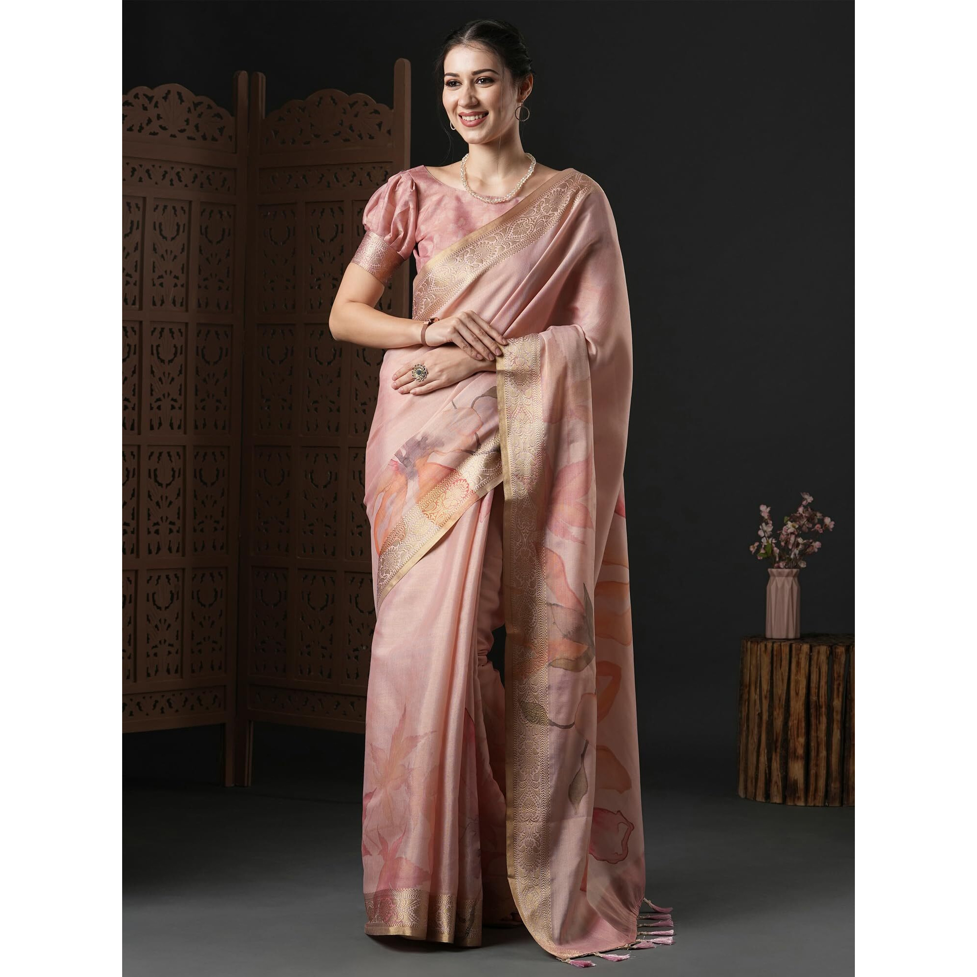 AKHILAM Womens Kanjeevaram Silk Floral Printed Saree With Unstitched Blouse Piece(Pink_BAHULA102_SU)