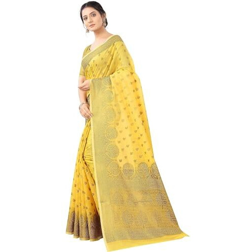 Sugathari Womens Banarasi Saree Pure Kanjivaram Silk Saree Soft new ladies 2023 Design Wear Pattu Sarees Latest Cotton Party Sari collections With Blouse Piece for Wedding sadi (SAM PARI-105 YELLOW)