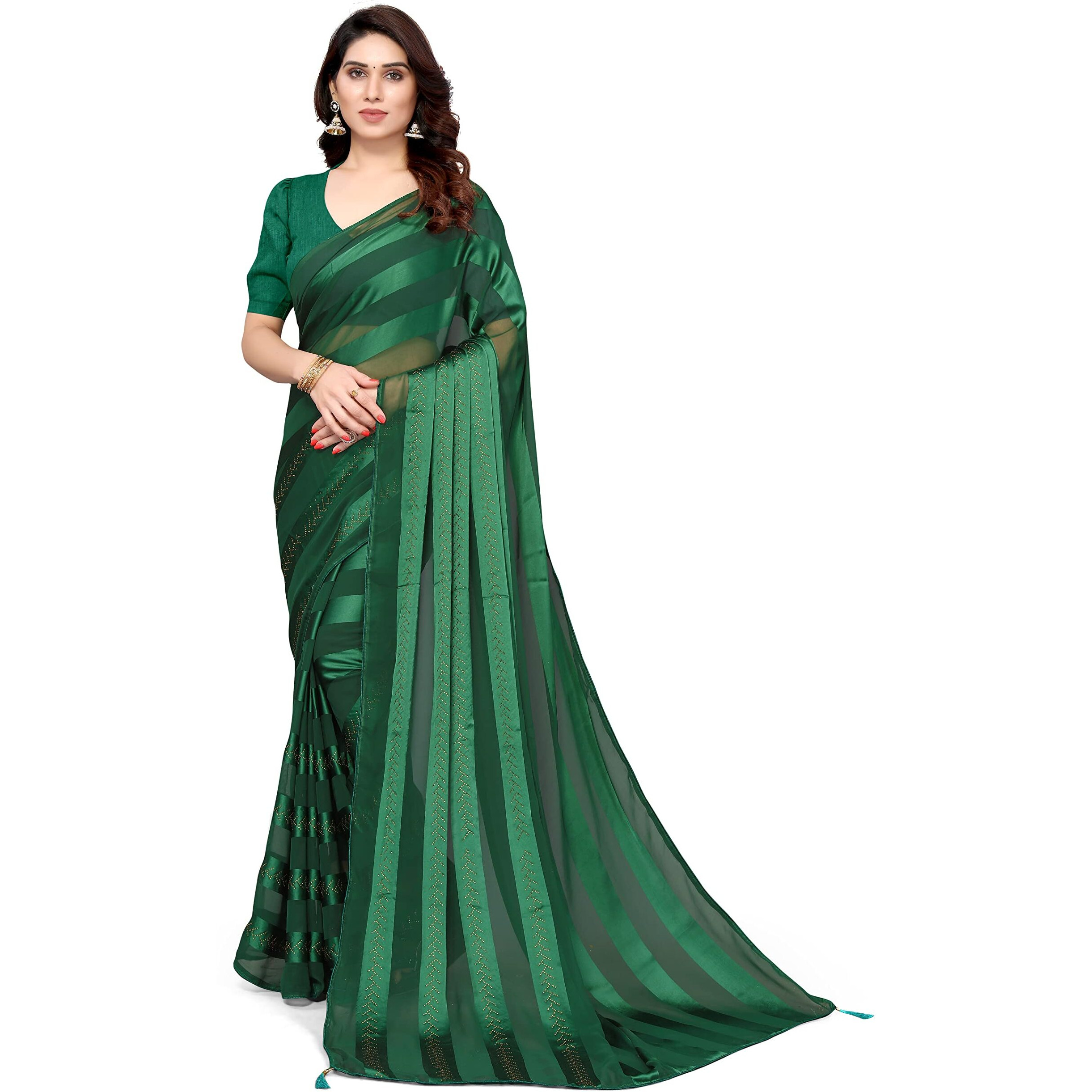 MIRCHI FASHION Womens Plain Weave Georgette Satin Stripes Stone Embellished Saree with Blouse Piece (37211-Green)