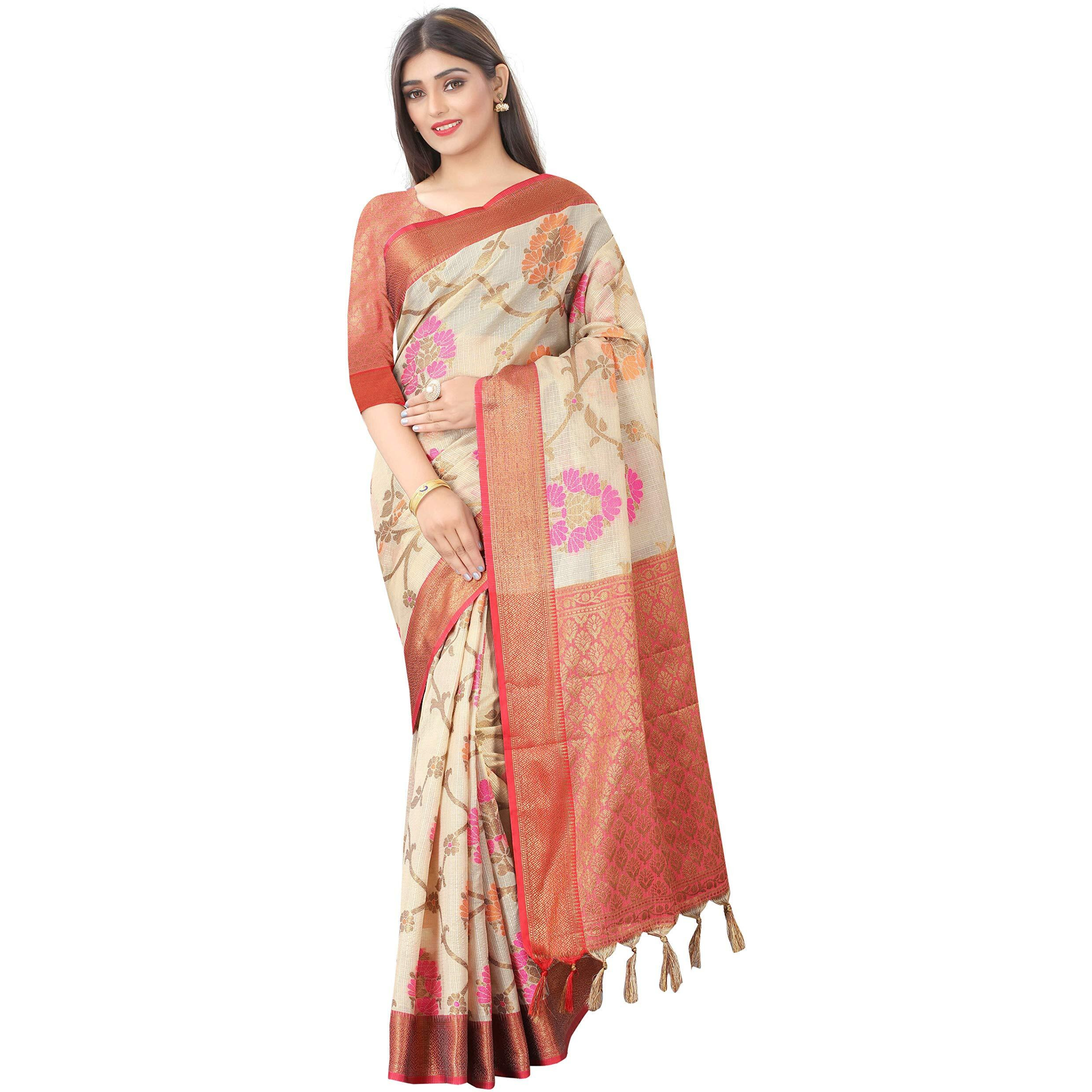 Enthone Womens Tusser Banarasi Silk Saree With Unstitched Blouse Piece(Beige)