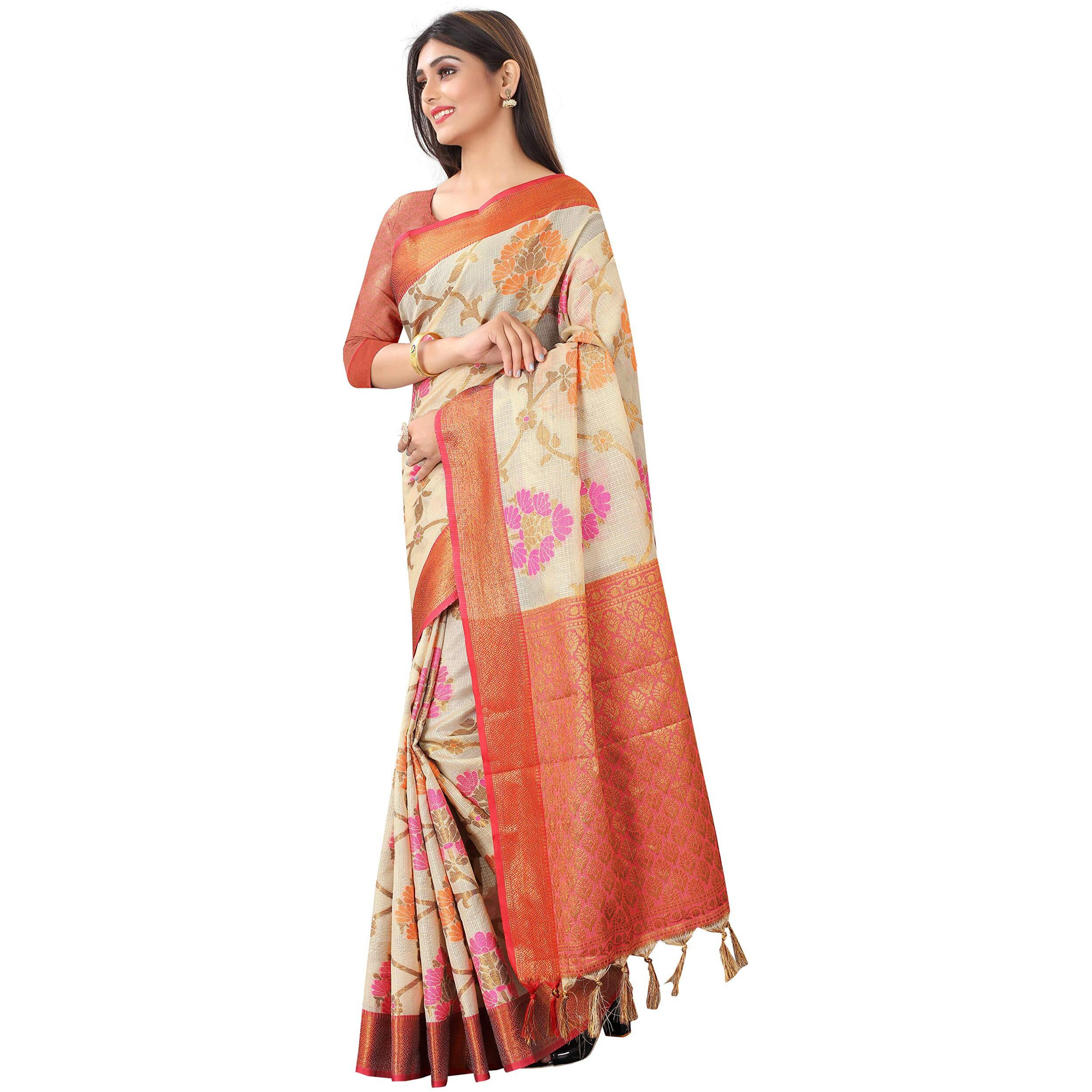 Enthone Womens Tusser Banarasi Silk Saree With Unstitched Blouse Piece(Beige)