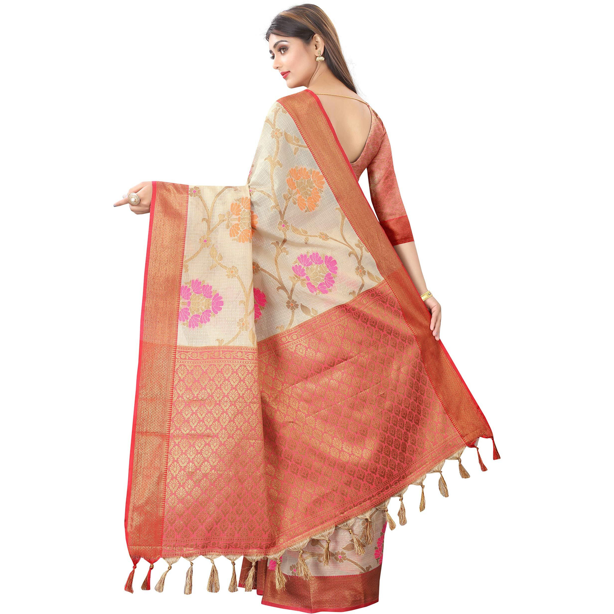 Enthone Womens Tusser Banarasi Silk Saree With Unstitched Blouse Piece(Beige)