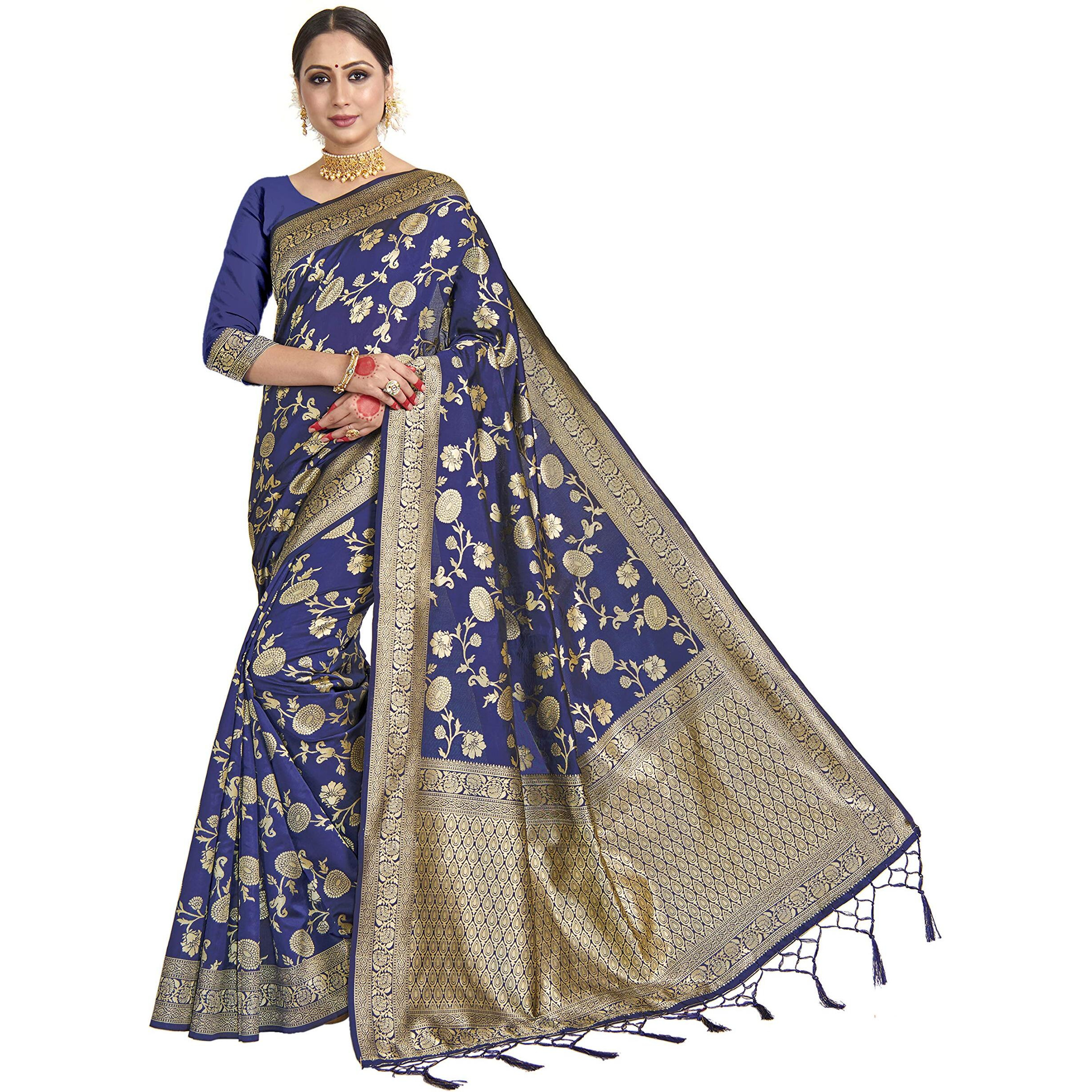 Vardha Womens Banarasi Art Silk Saree with Unstitched Blouse Piece - Zari Woven Work Sarees for Wedding (Paneri, 5, Blue)