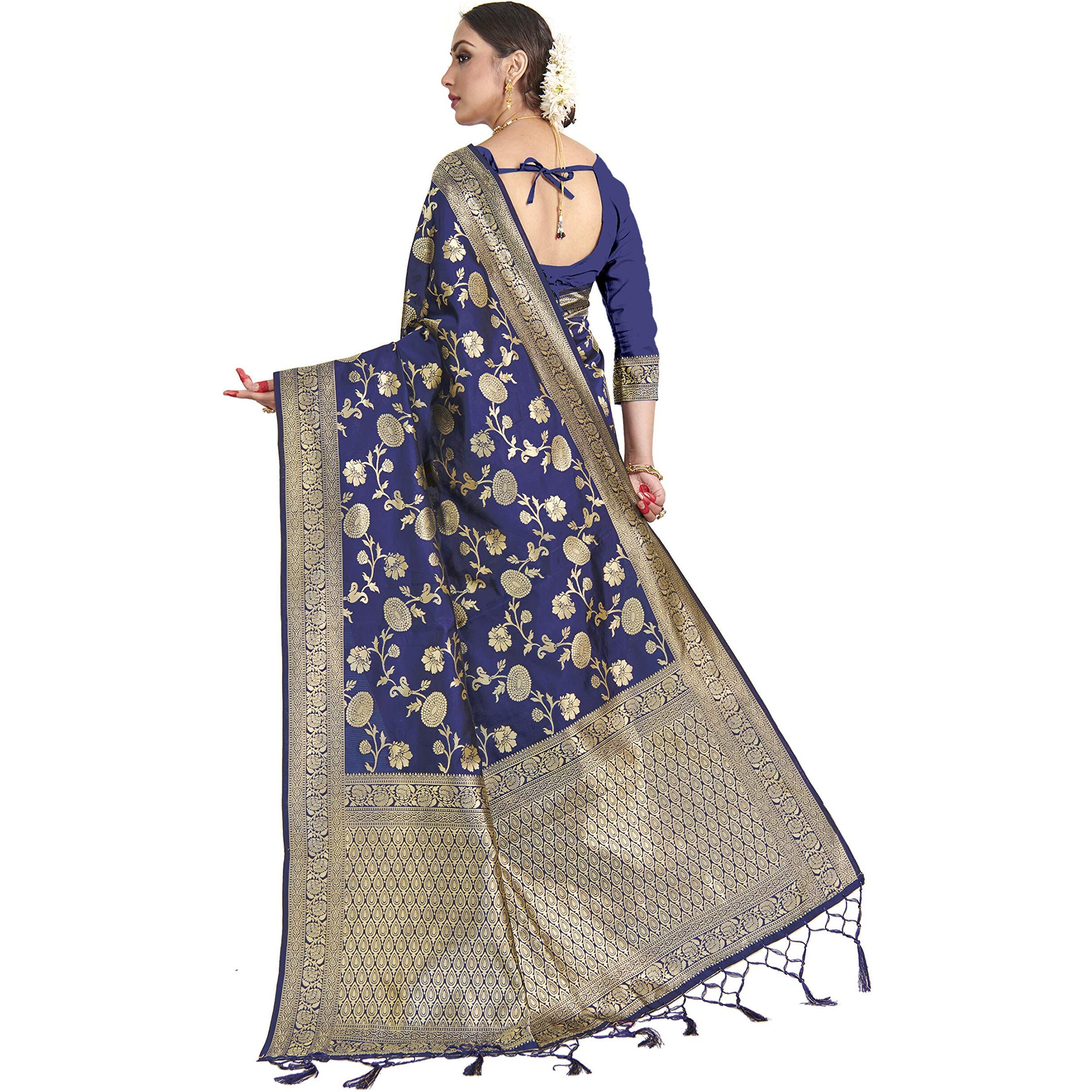 Vardha Womens Banarasi Art Silk Saree with Unstitched Blouse Piece - Zari Woven Work Sarees for Wedding (Paneri, 5, Blue)